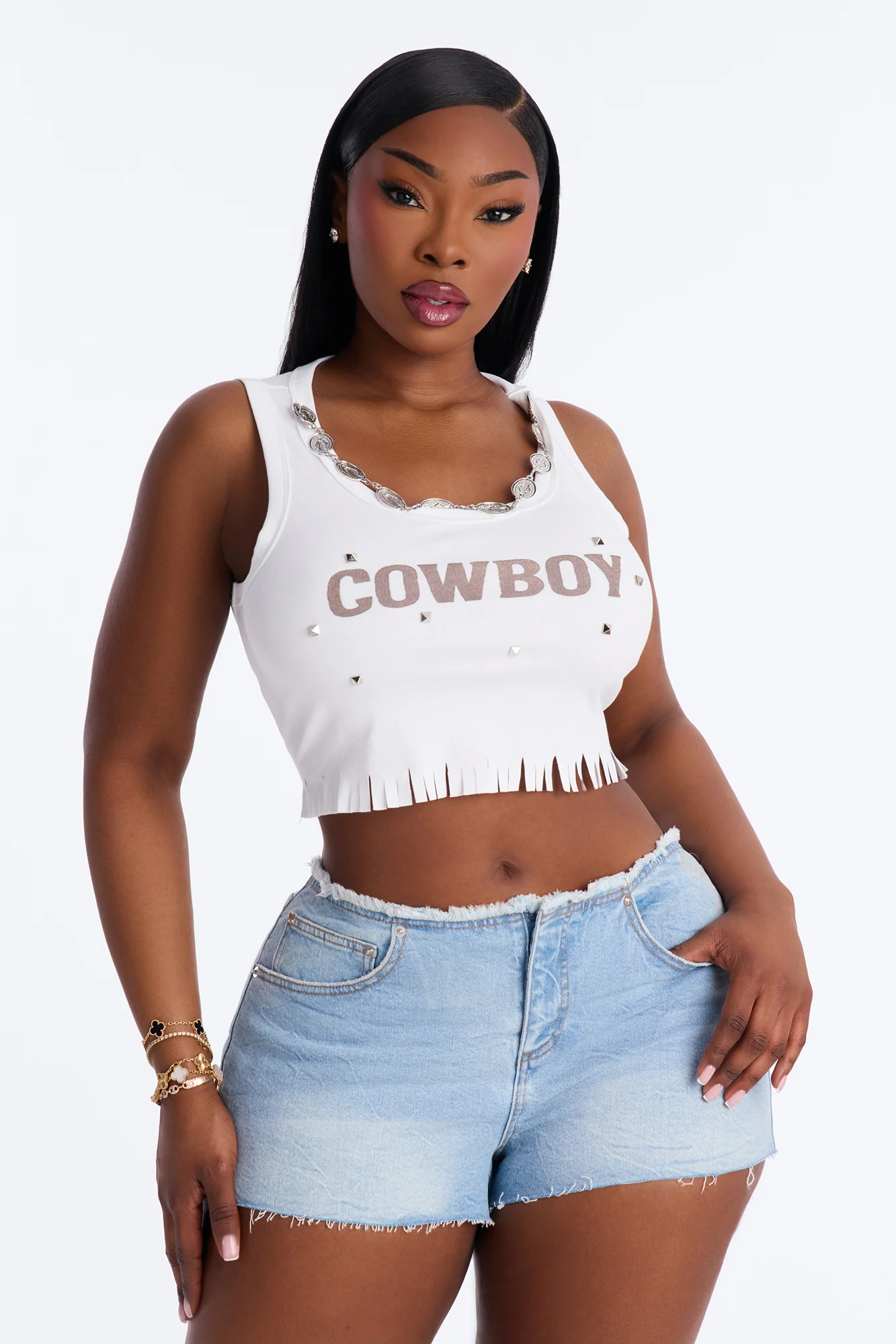 Cowboy Studded Tank Top - White - Image 5