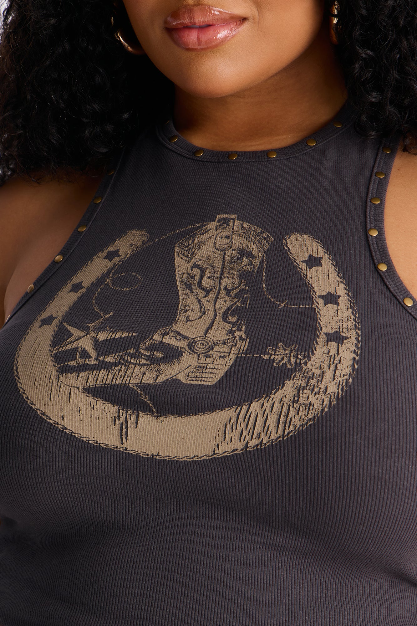 Cowgirl Boots Studded Ribbed Tank Top - Charcoal - Image 7