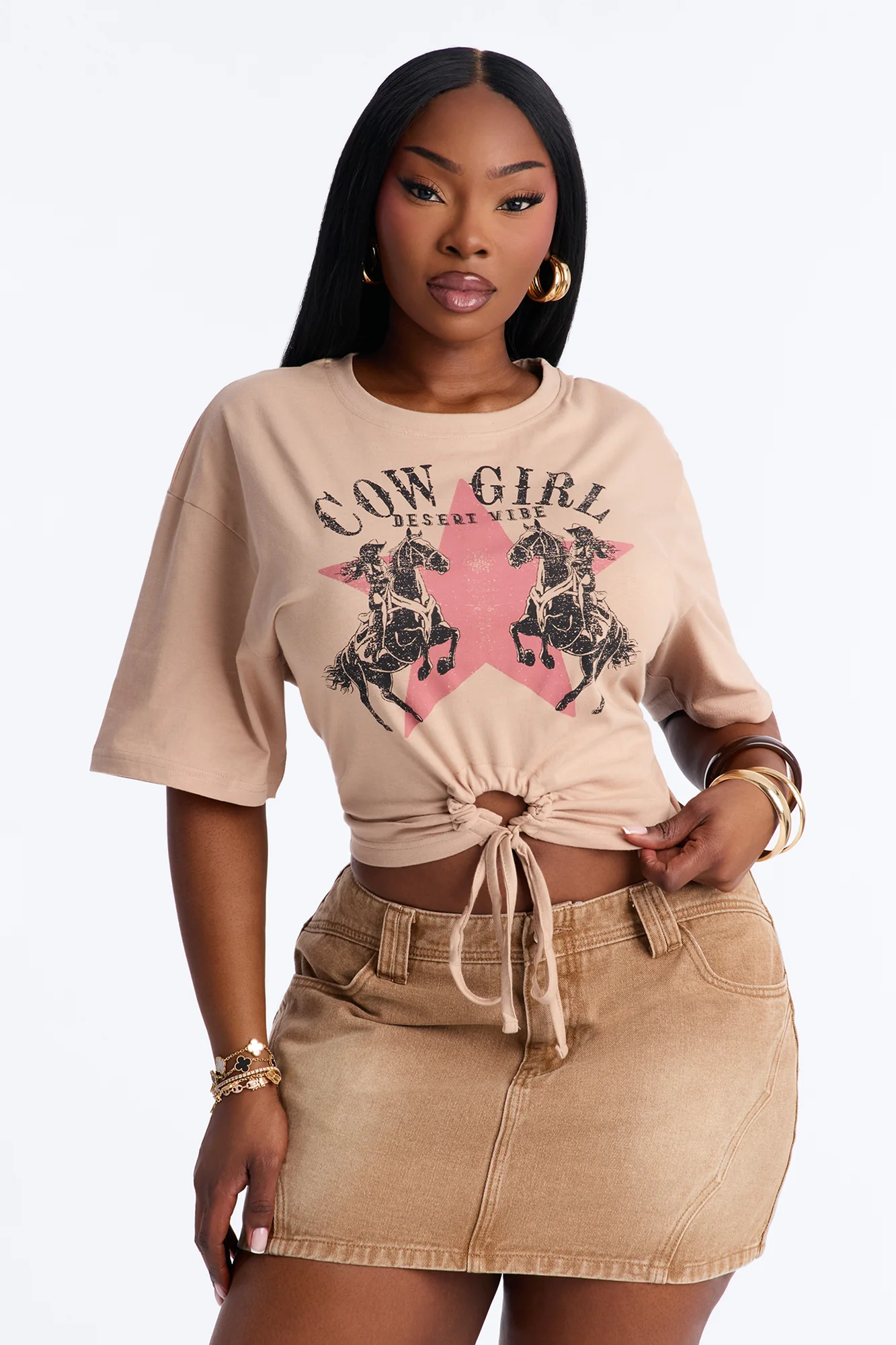 Cowgirl Desert Vibes Key Hole Cropped Tee - Sand