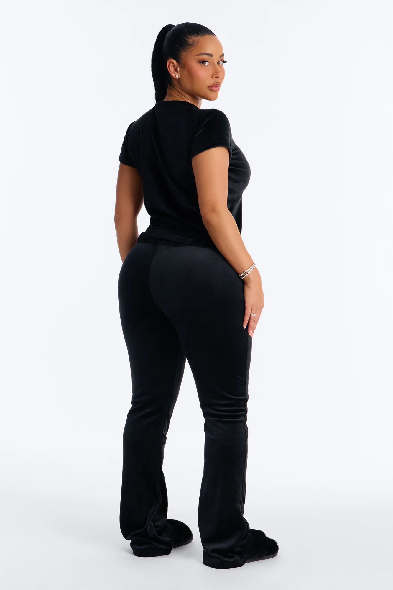 Cozy Moments Short Sleeve Velour PJ Pant Set - Black - Image 3
