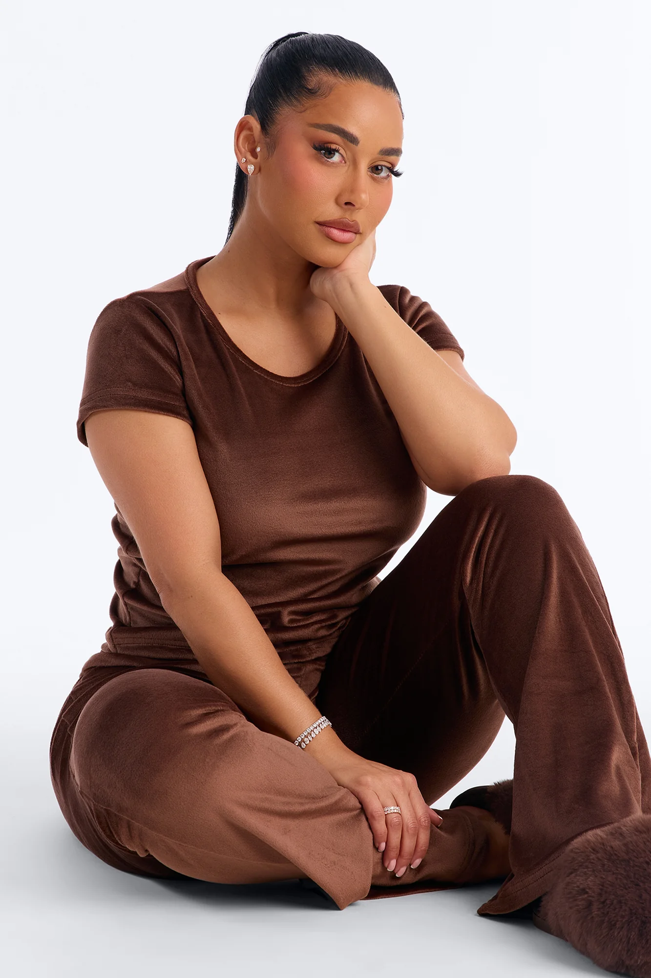 Cozy Moments Short Sleeve Velour PJ Pant Set - Chocolate