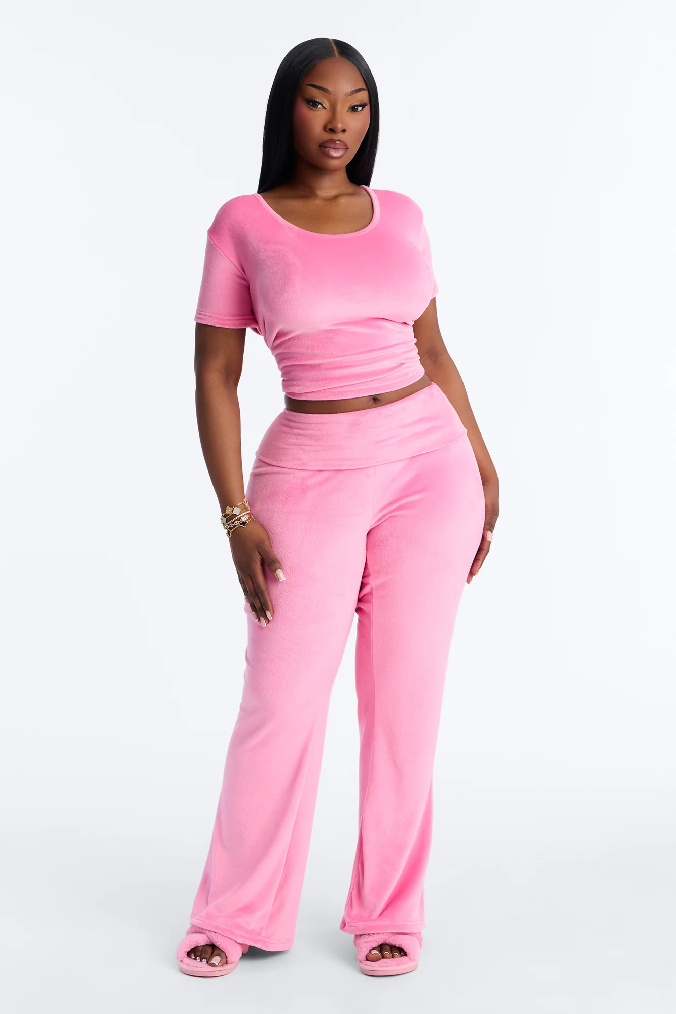 Cozy Moments Short Sleeve Velour PJ Pant Set - Hot Pink - Image 4