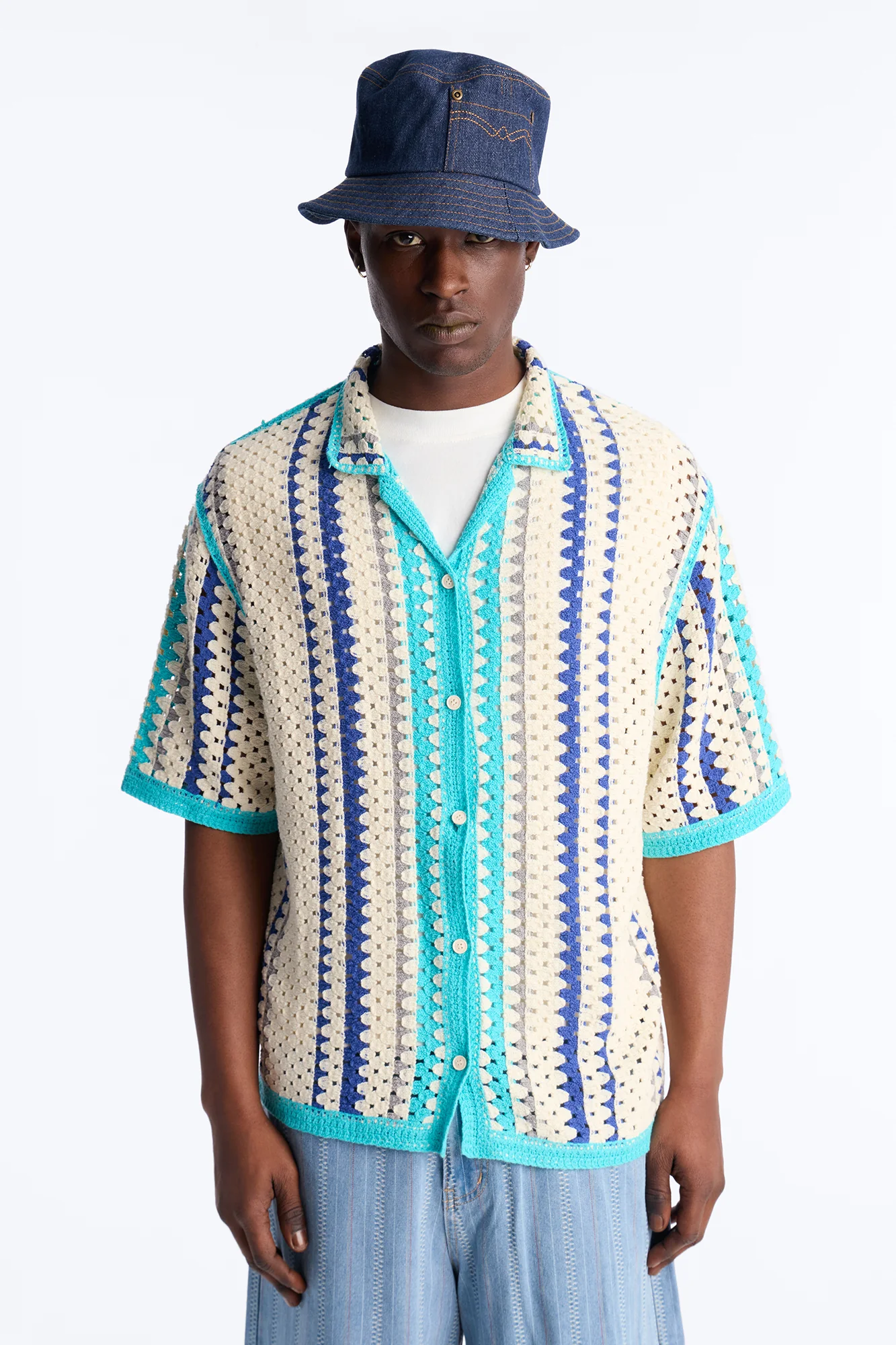 Cropped Breeze Crochet Button Up Shirt - Blue