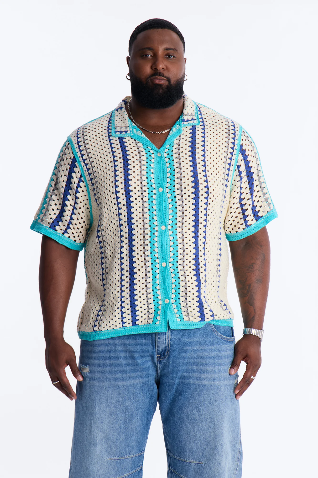 Cropped Breeze Crochet Button Up Shirt - Blue - Image 6