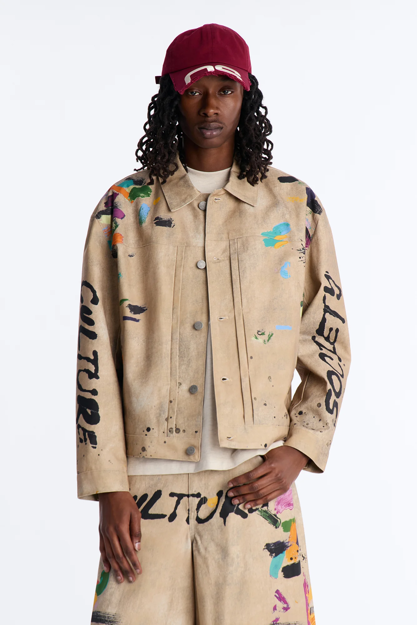 Cropped Culture Society Paint Splatter Boxy Work Jacket - Khaki