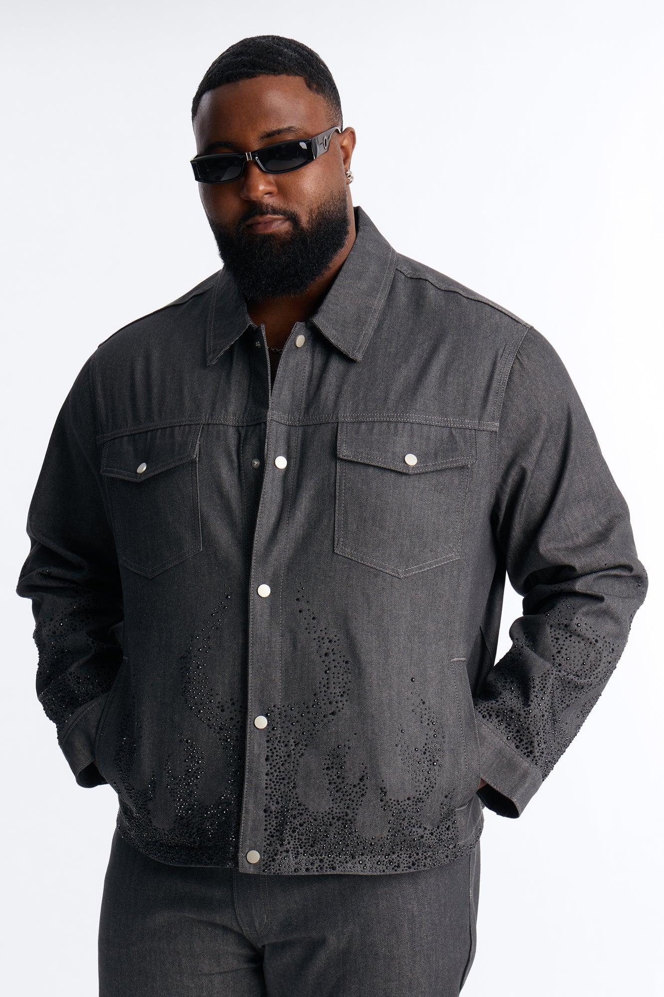 Cropped Dark Ember Trucker Jacket - Grey - Image 5