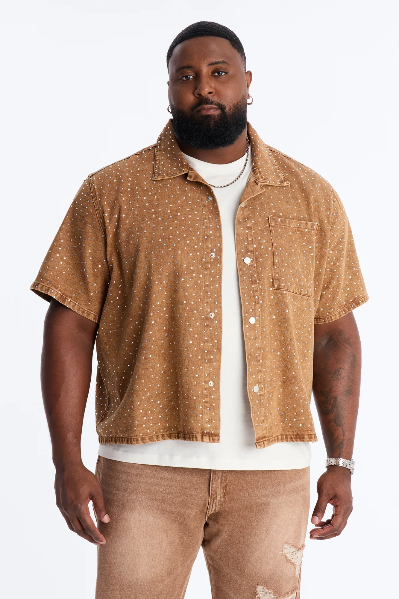 Cropped Embellished Denim Button Up Shirt - Brown