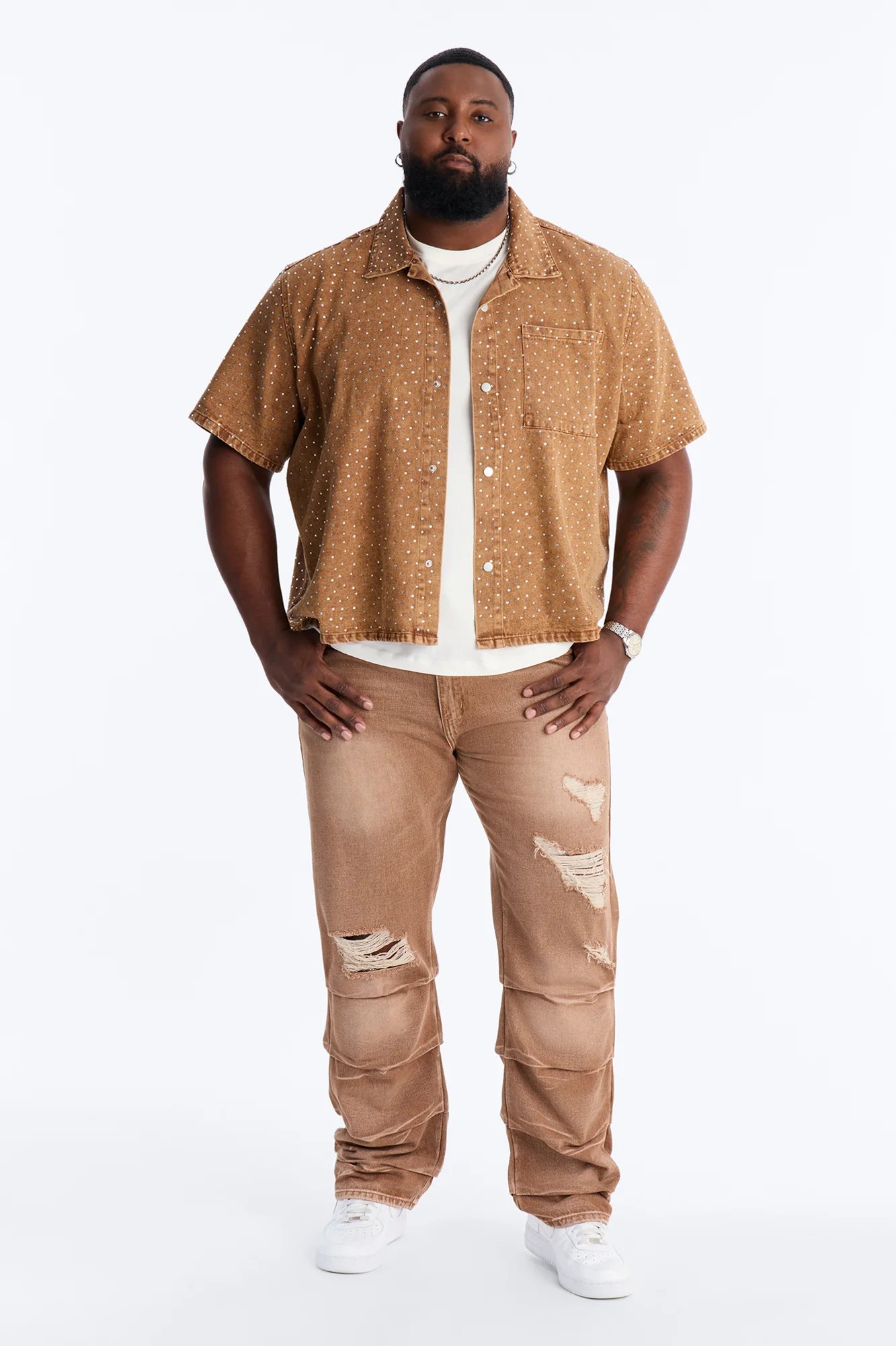 Cropped Embellished Denim Button Up Shirt - Brown - Image 2