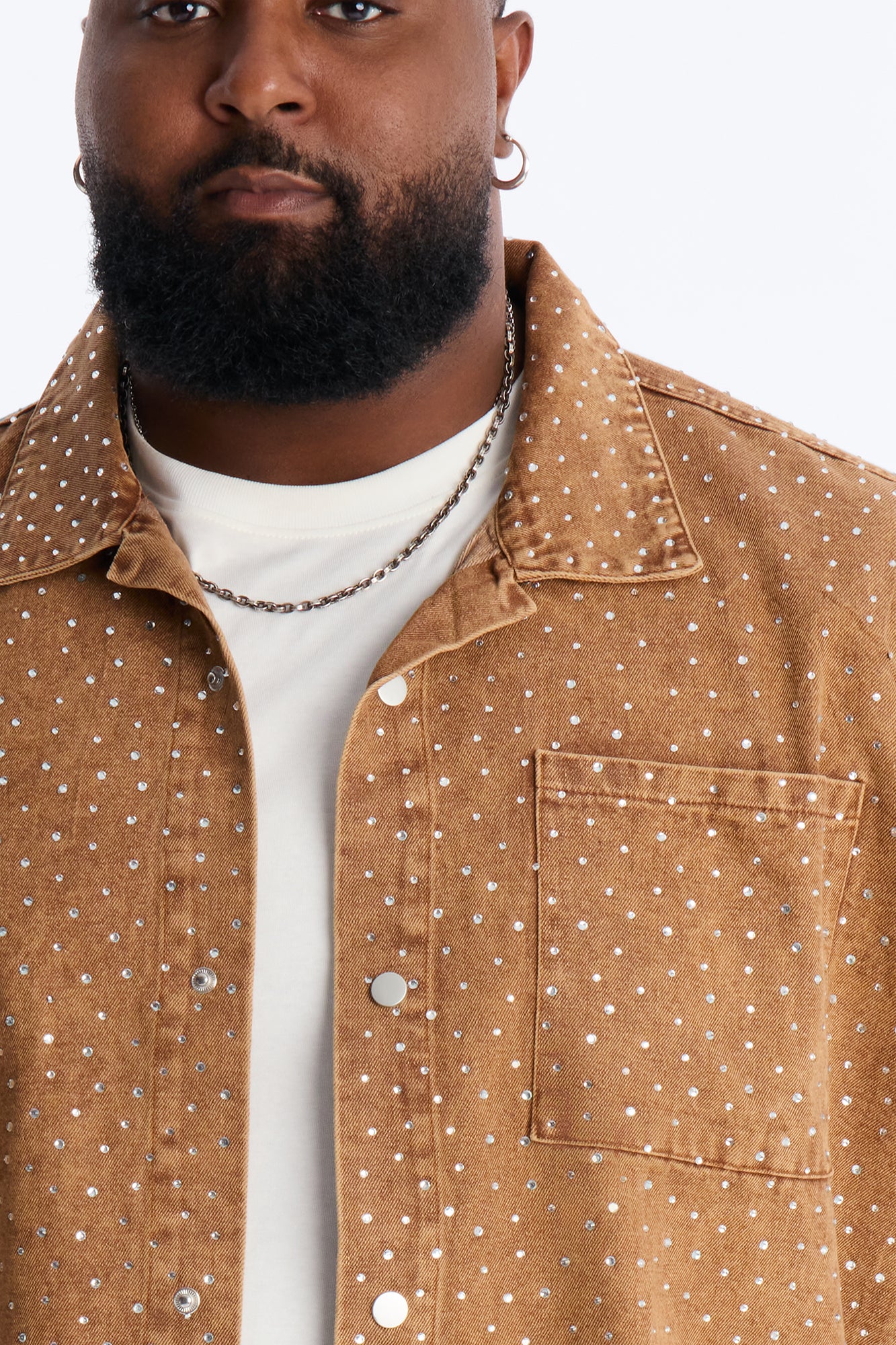 Cropped Embellished Denim Button Up Shirt - Brown - Image 3