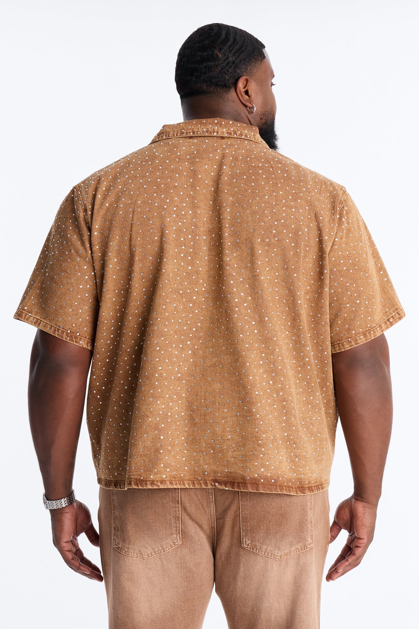 Cropped Embellished Denim Button Up Shirt - Brown - Image 4