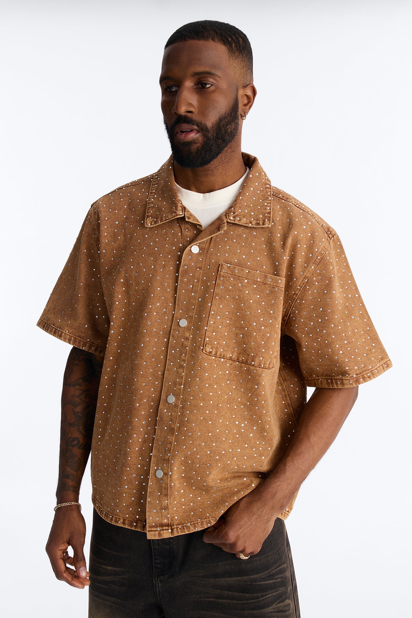 Cropped Embellished Denim Button Up Shirt - Brown - Image 5