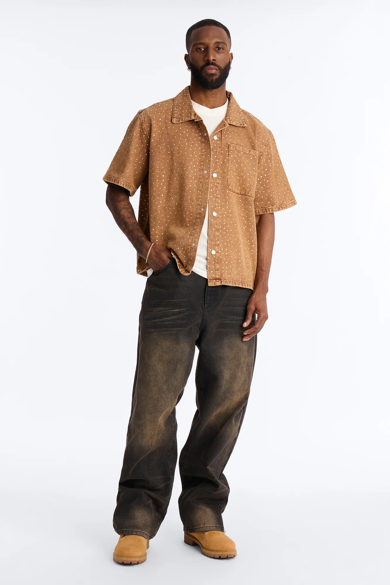 Cropped Embellished Denim Button Up Shirt - Brown - Image 6