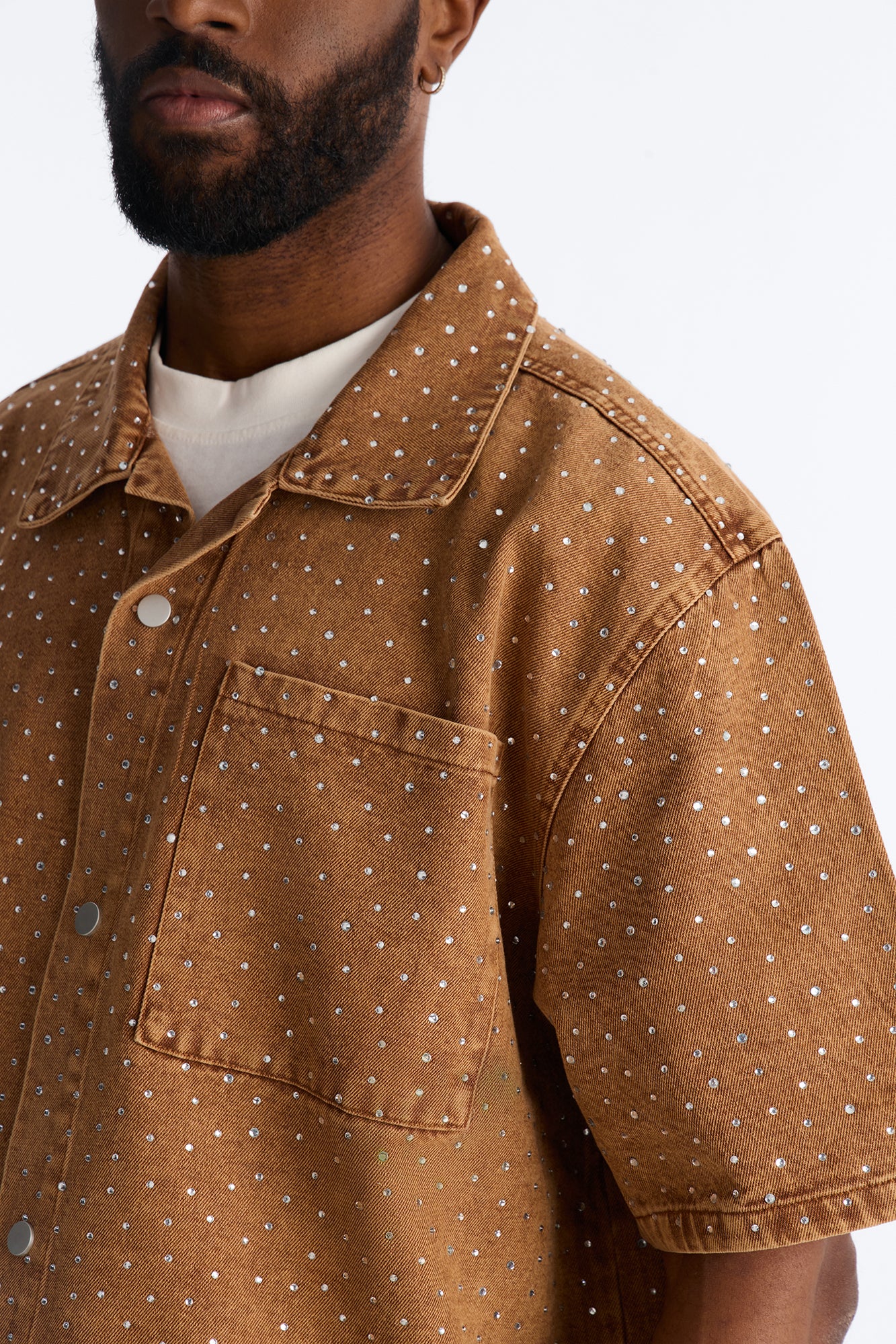 Cropped Embellished Denim Button Up Shirt - Brown - Image 7