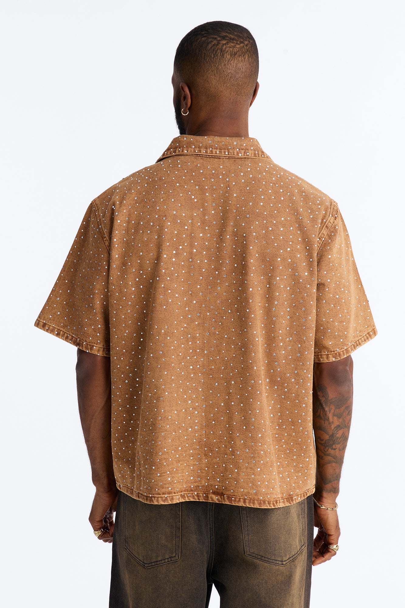 Cropped Embellished Denim Button Up Shirt - Brown - Image 8