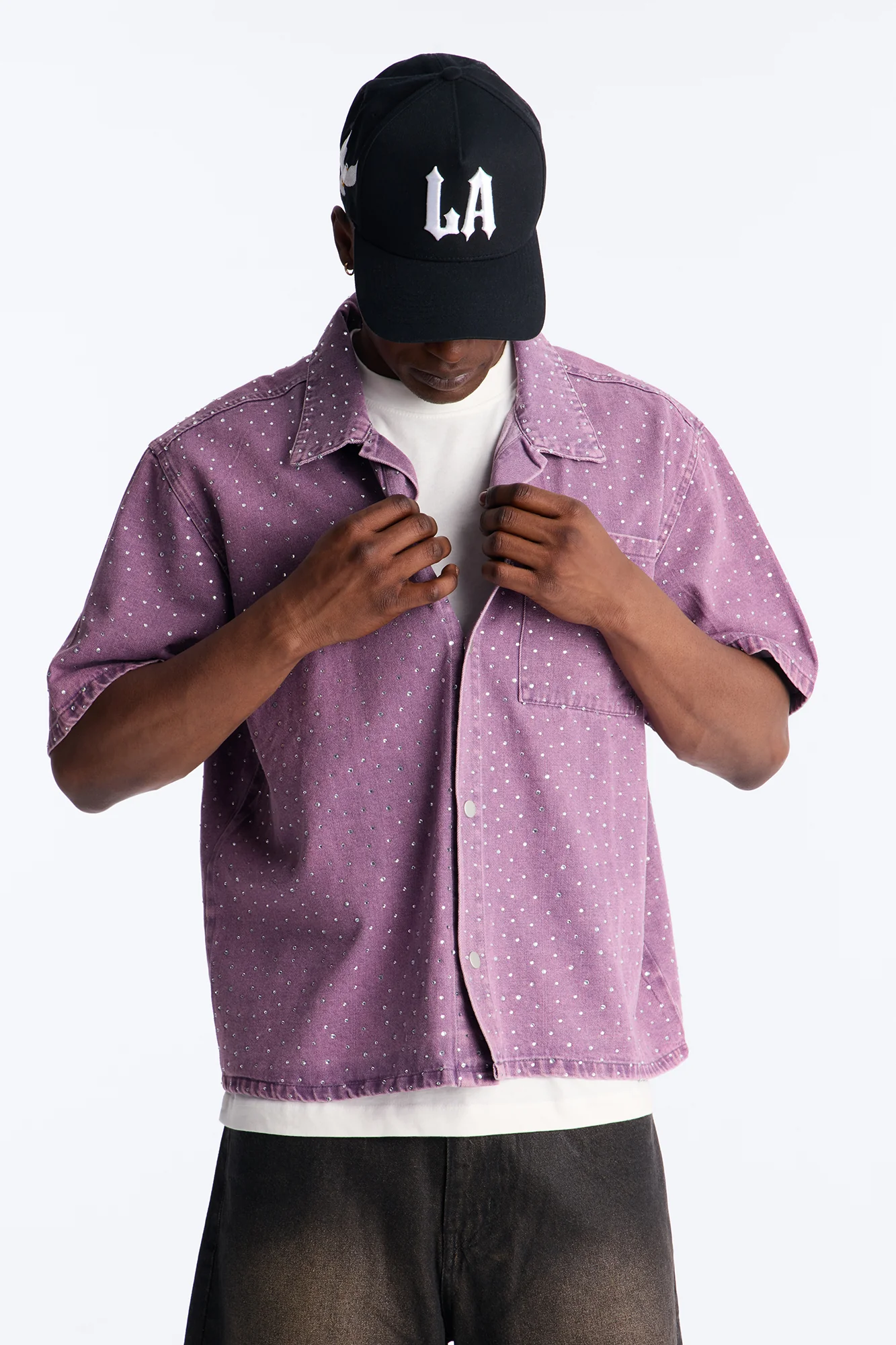 Cropped Embellished Denim Button Up Shirt - Purple - Image 3