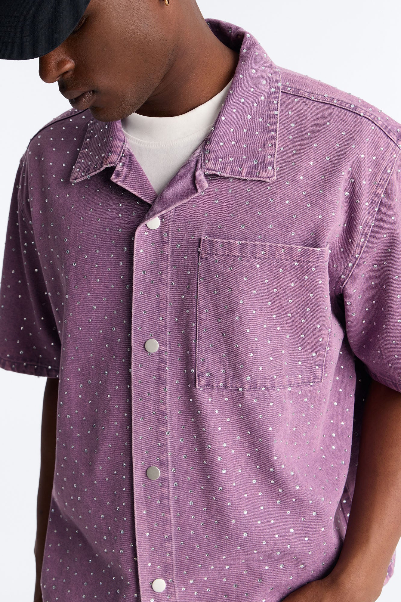 Cropped Embellished Denim Button Up Shirt - Purple - Image 4