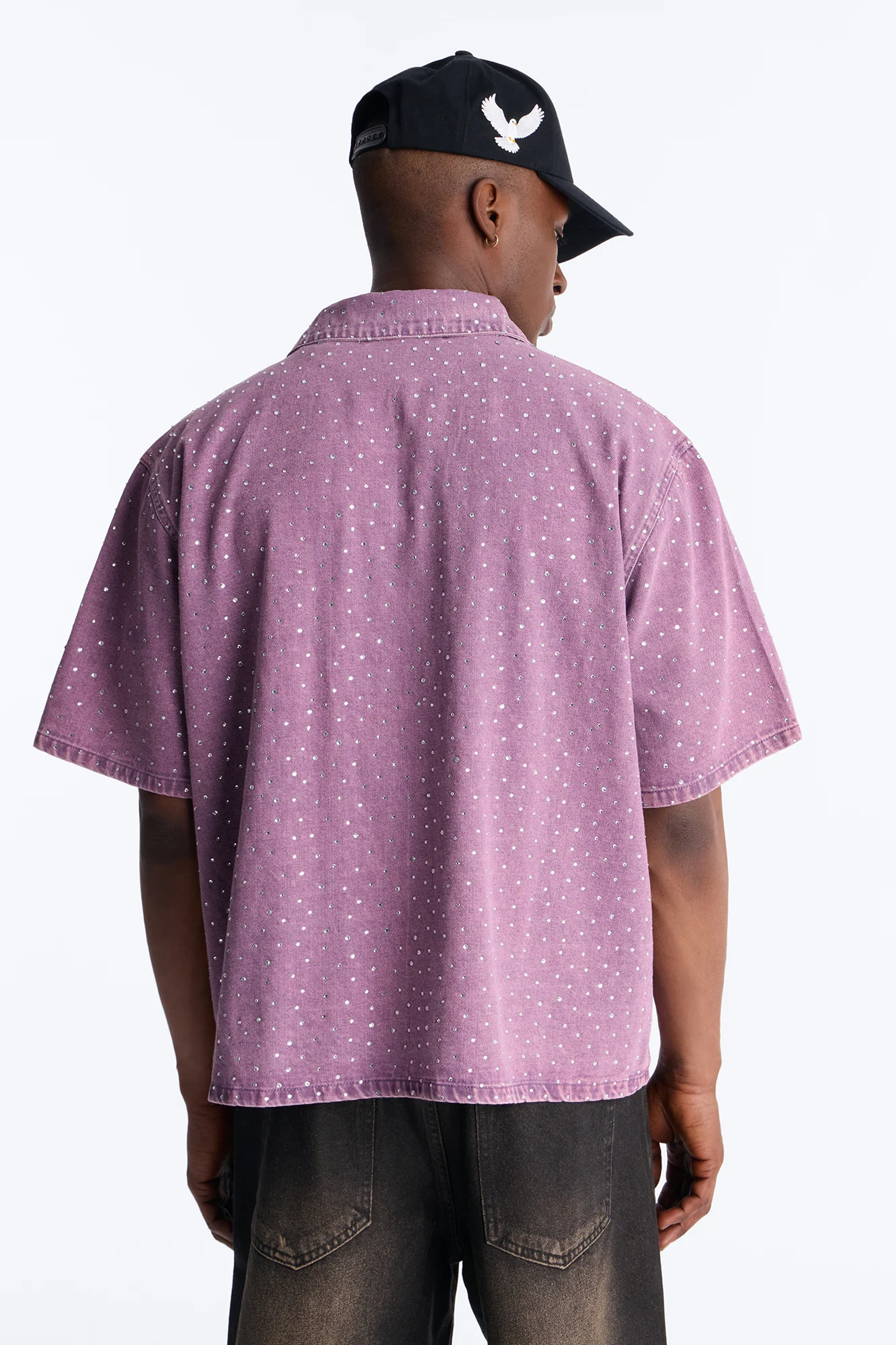 Cropped Embellished Denim Button Up Shirt - Purple - Image 5