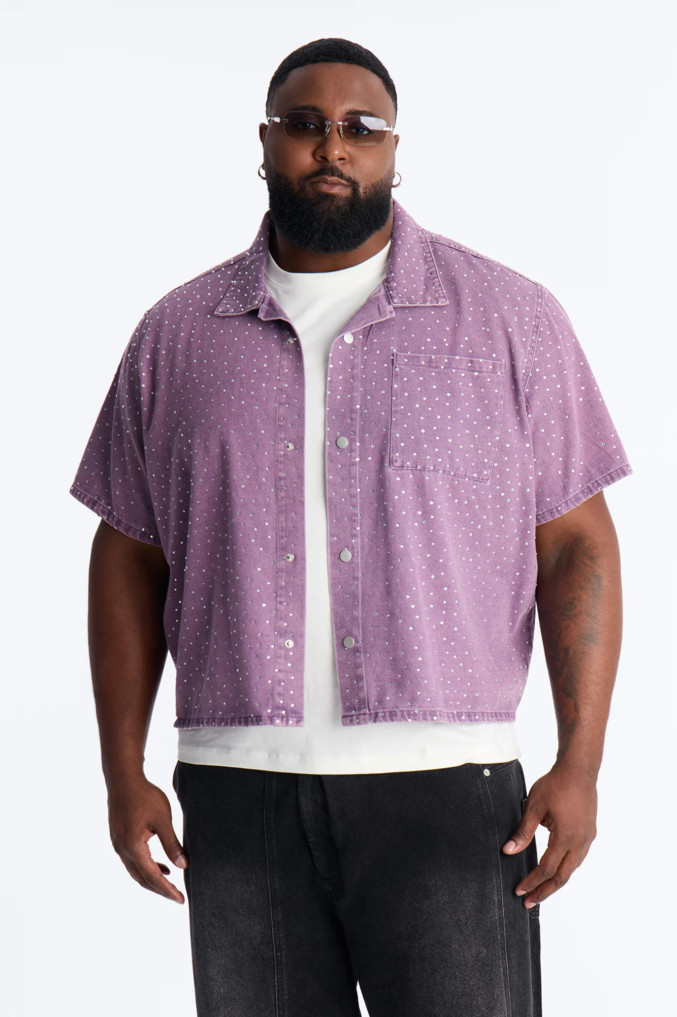 Cropped Embellished Denim Button Up Shirt - Purple - Image 6