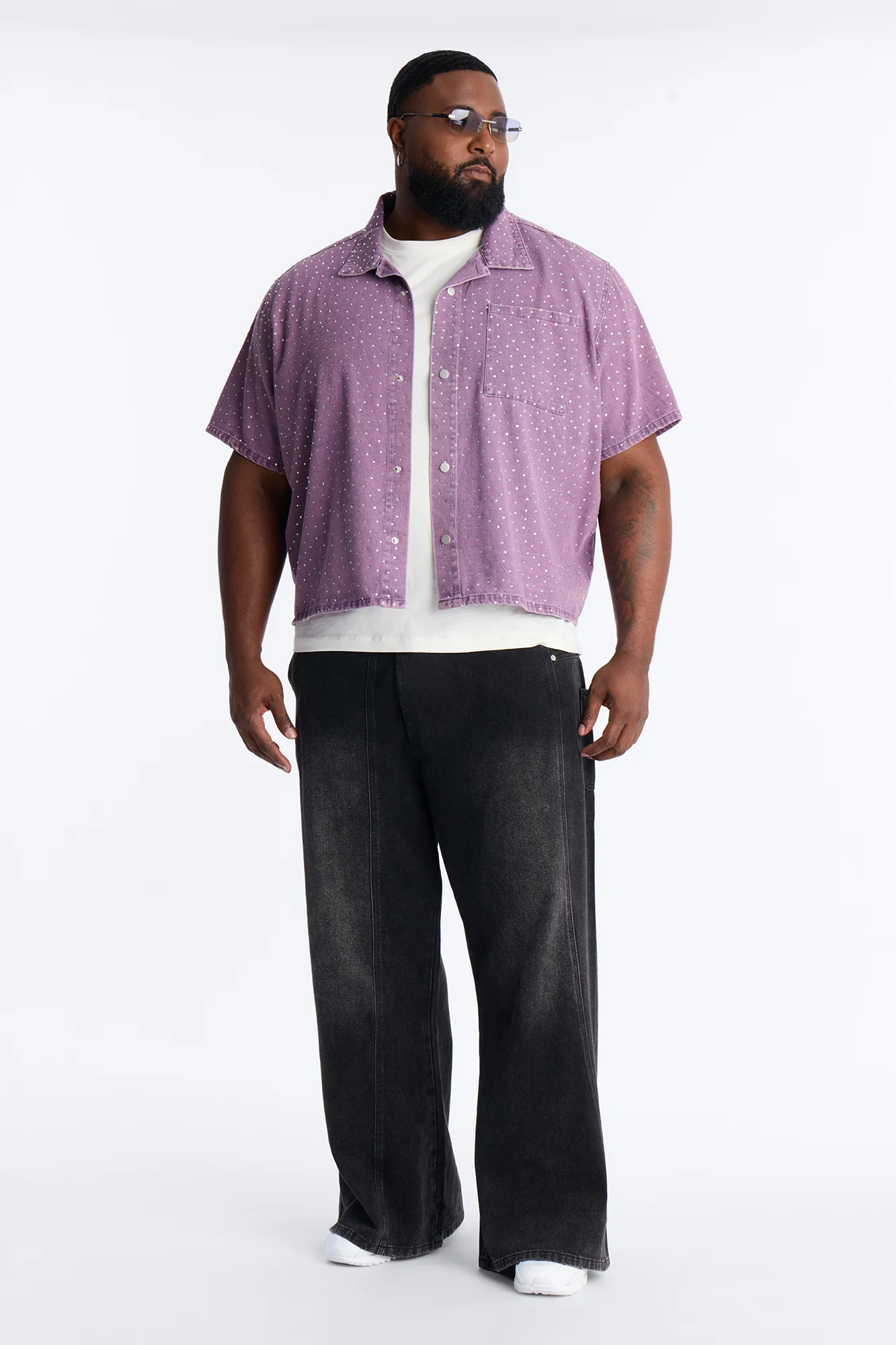 Cropped Embellished Denim Button Up Shirt - Purple - Image 7