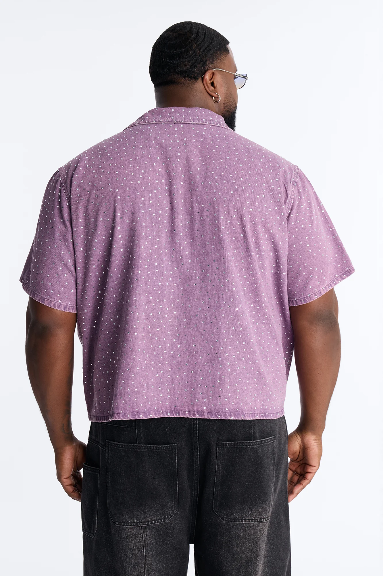 Cropped Embellished Denim Button Up Shirt - Purple - Image 9
