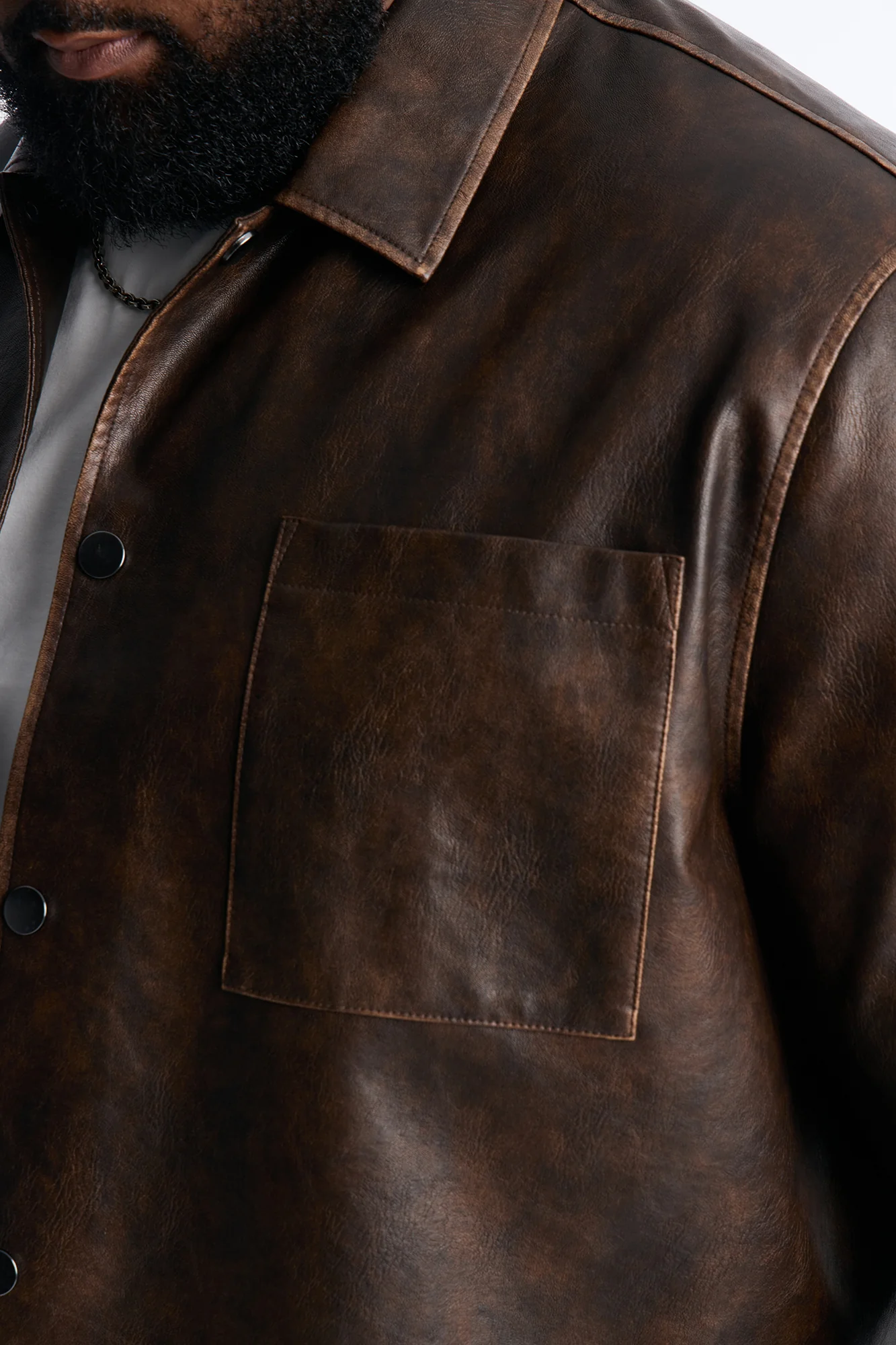 Cropped Relaxed Fordham Front Faux Leather Button Up Shirt - Brown - Image 6