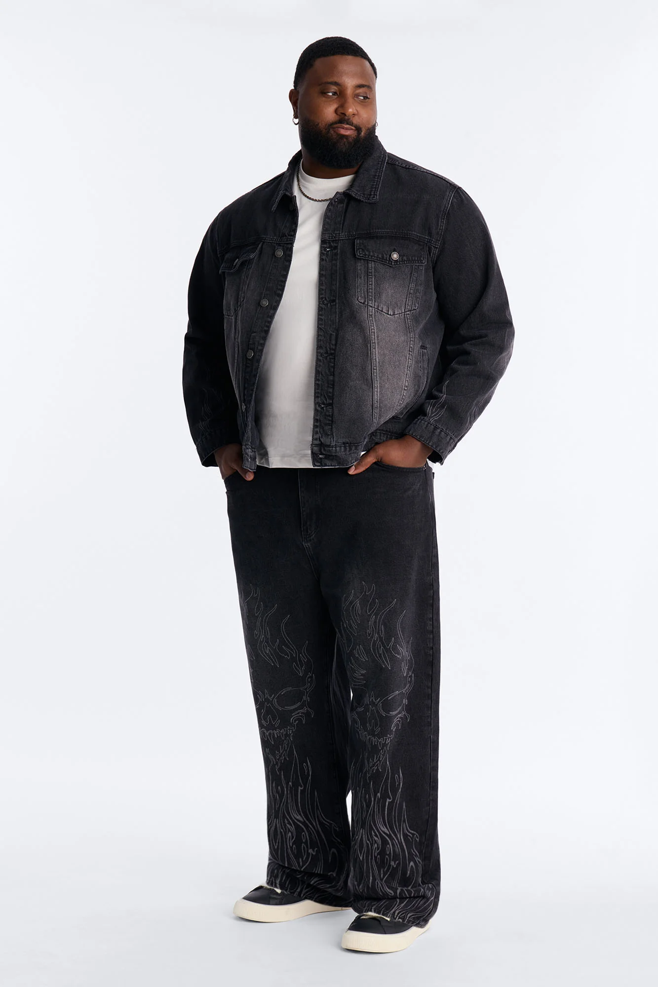 Cropped Hellfire Denim Trucker Jacket - Black Wash - Image 7