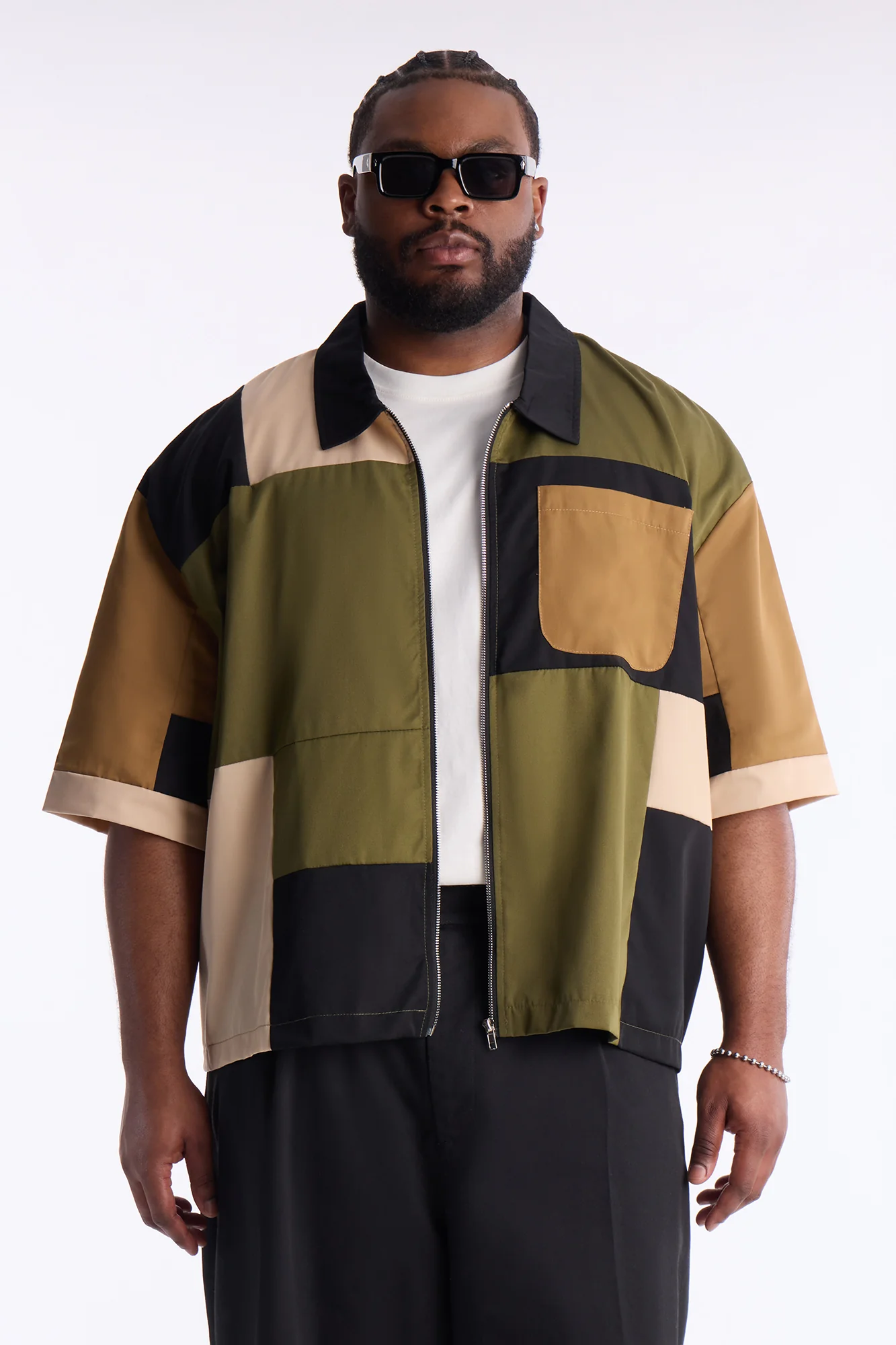 Cropped Pixel Perfect Zip Up Shirt - Khaki - Image 4