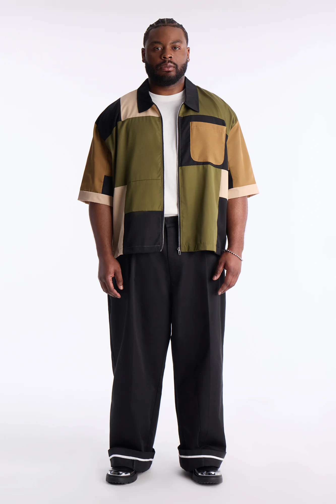 Cropped Pixel Perfect Zip Up Shirt - Khaki - Image 5