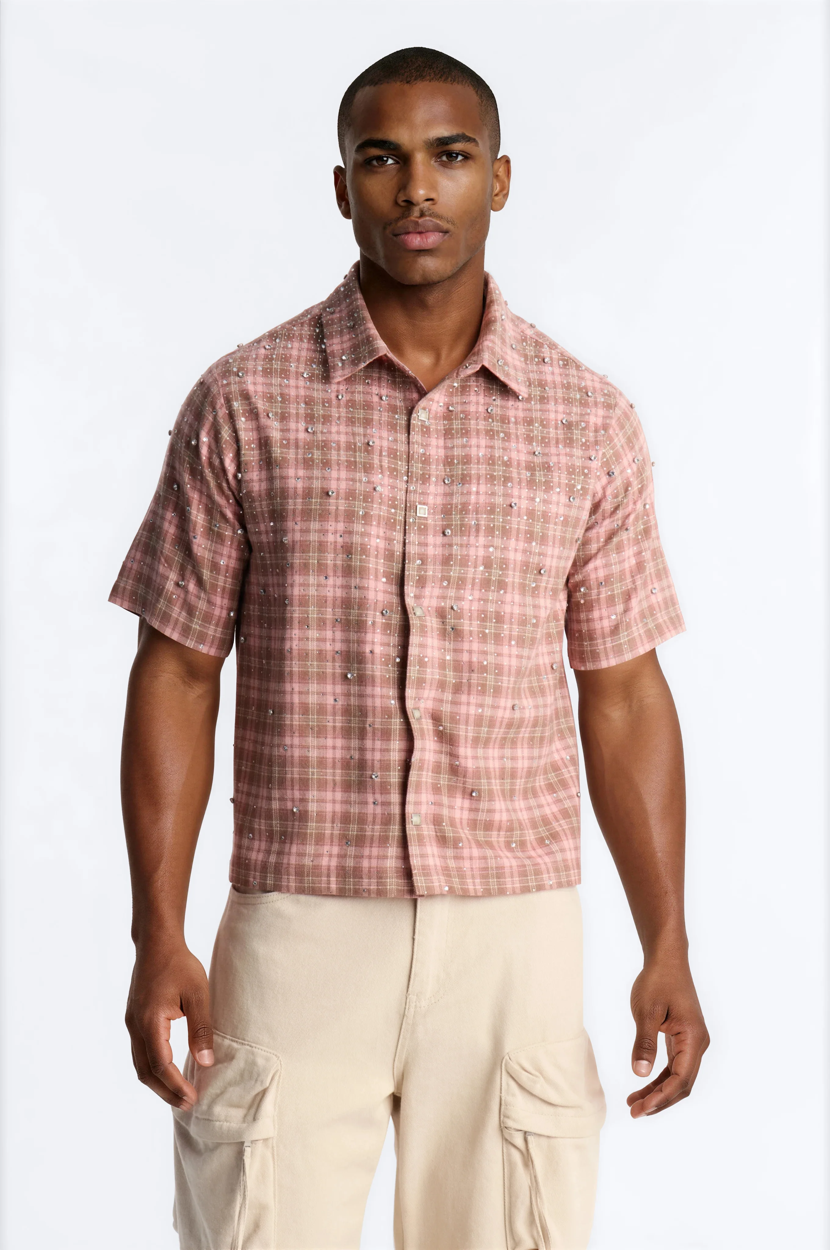 Cropped Vector Studded Plaid Button Up Shirt - Brown