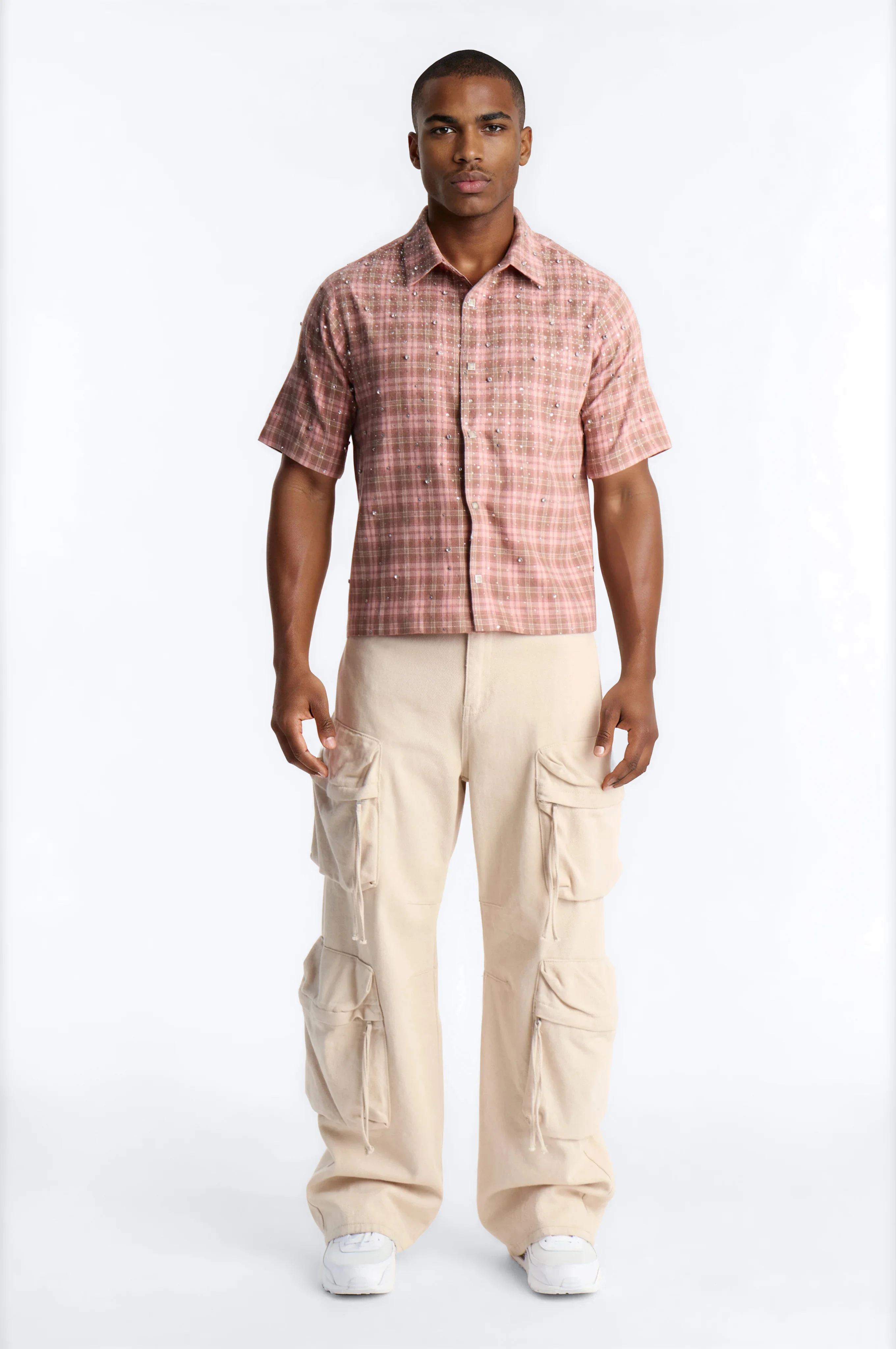 Cropped Vector Studded Plaid Button Up Shirt - Brown - Image 2