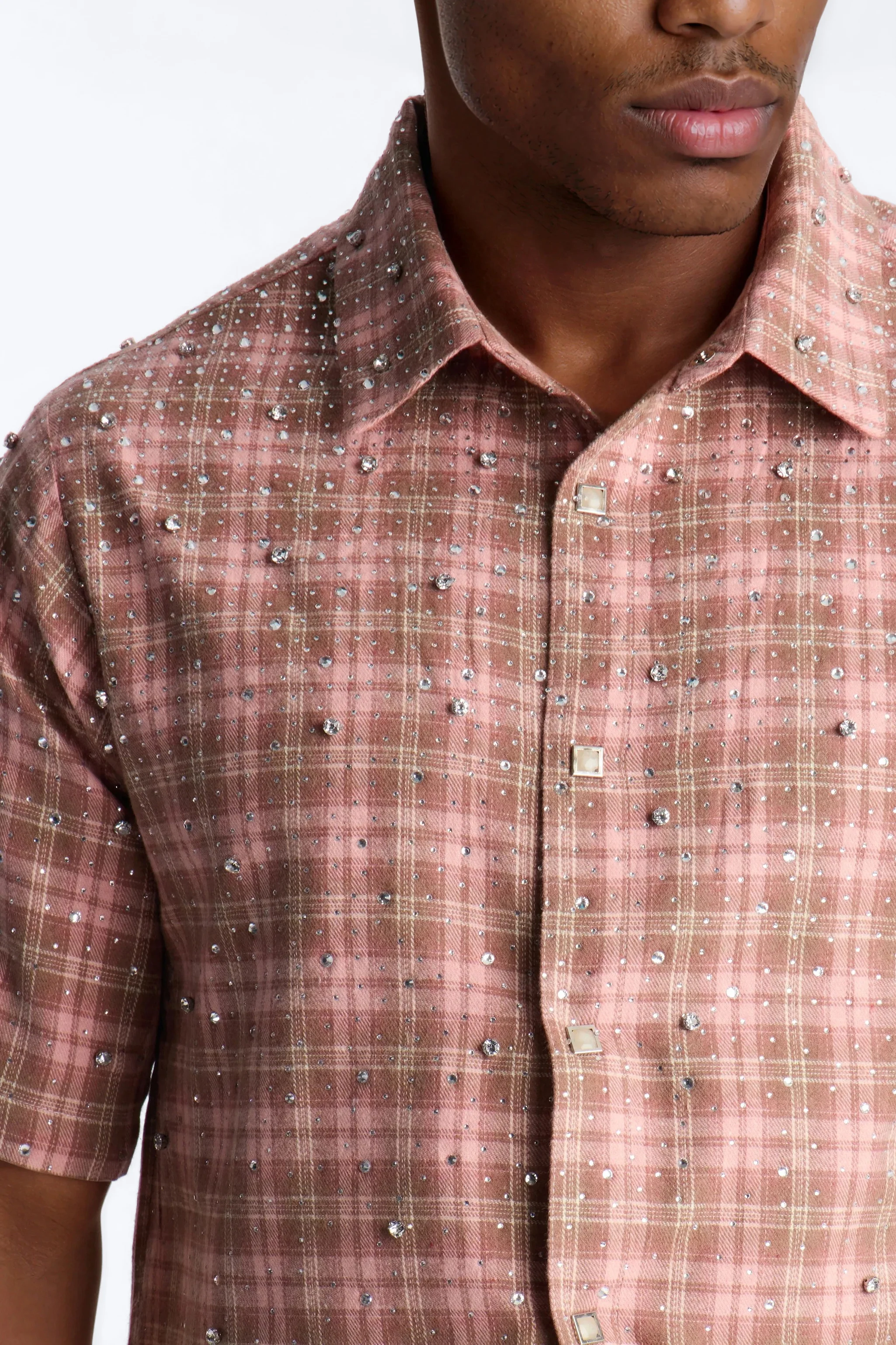 Cropped Vector Studded Plaid Button Up Shirt - Brown - Image 3