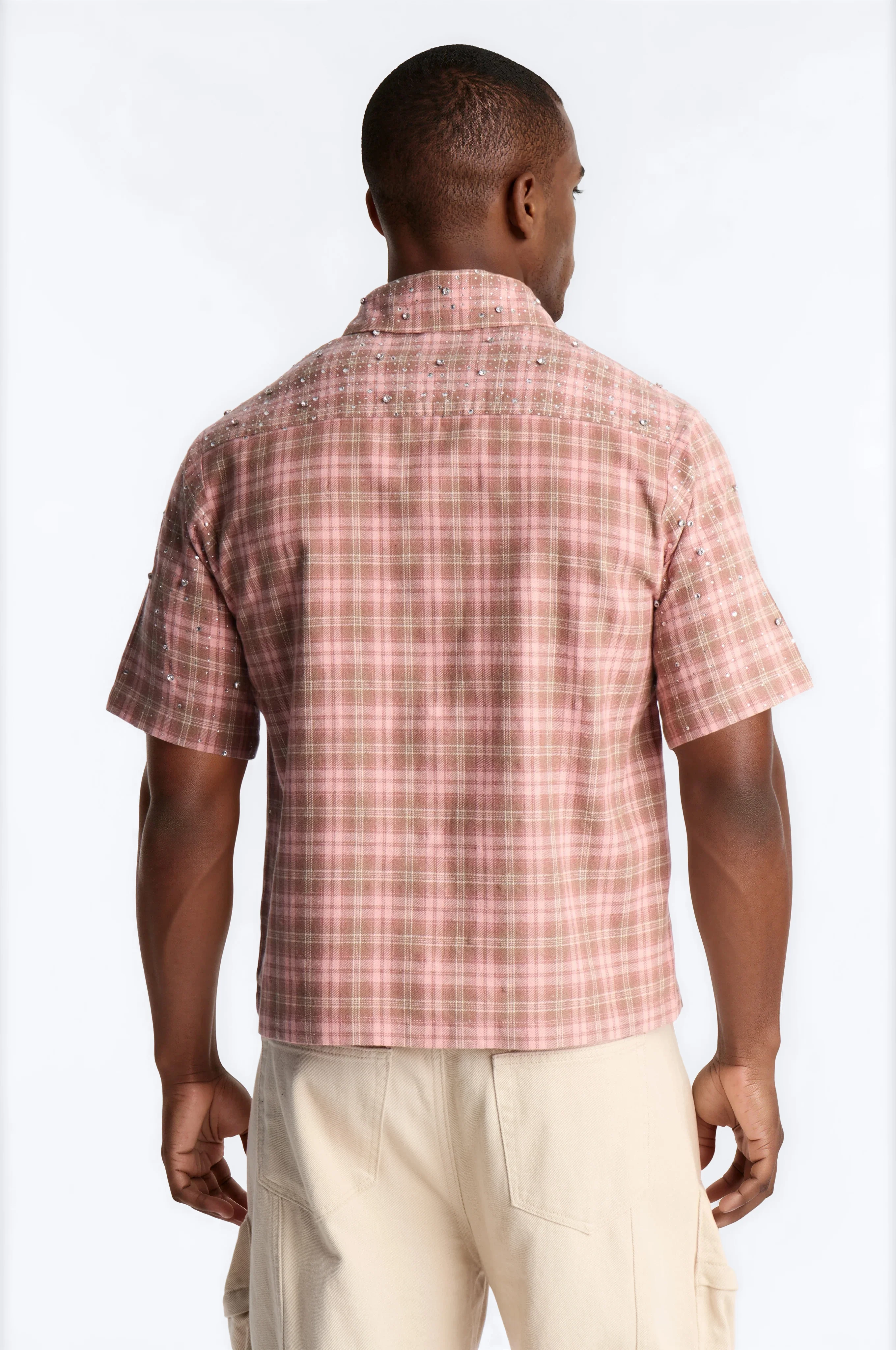 Cropped Vector Studded Plaid Button Up Shirt - Brown - Image 4