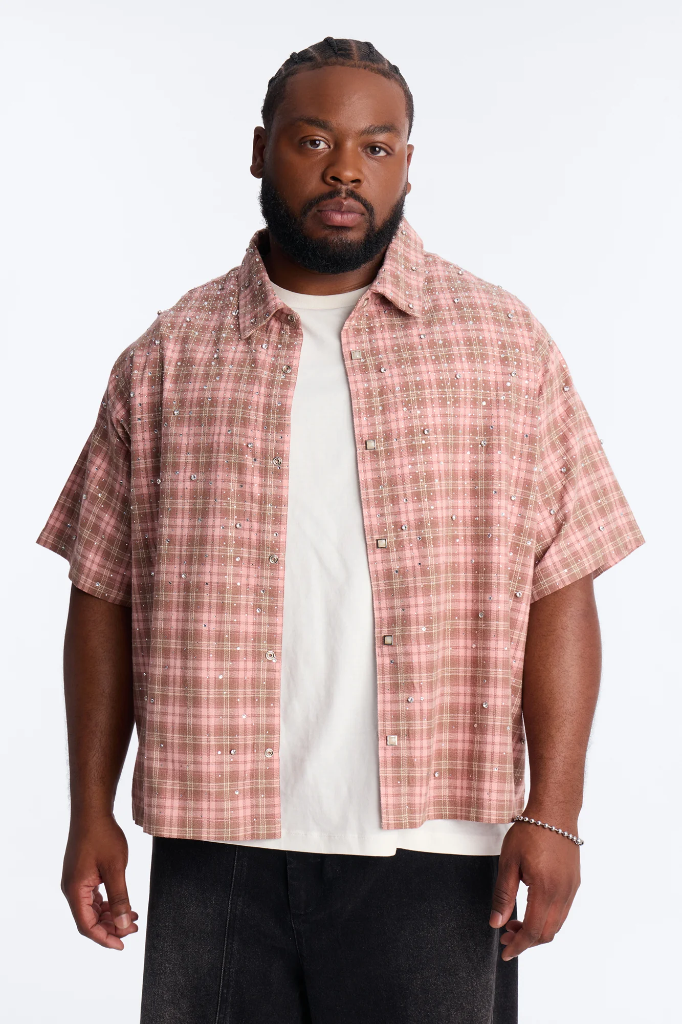 Cropped Vector Studded Plaid Button Up Shirt - Brown - Image 5