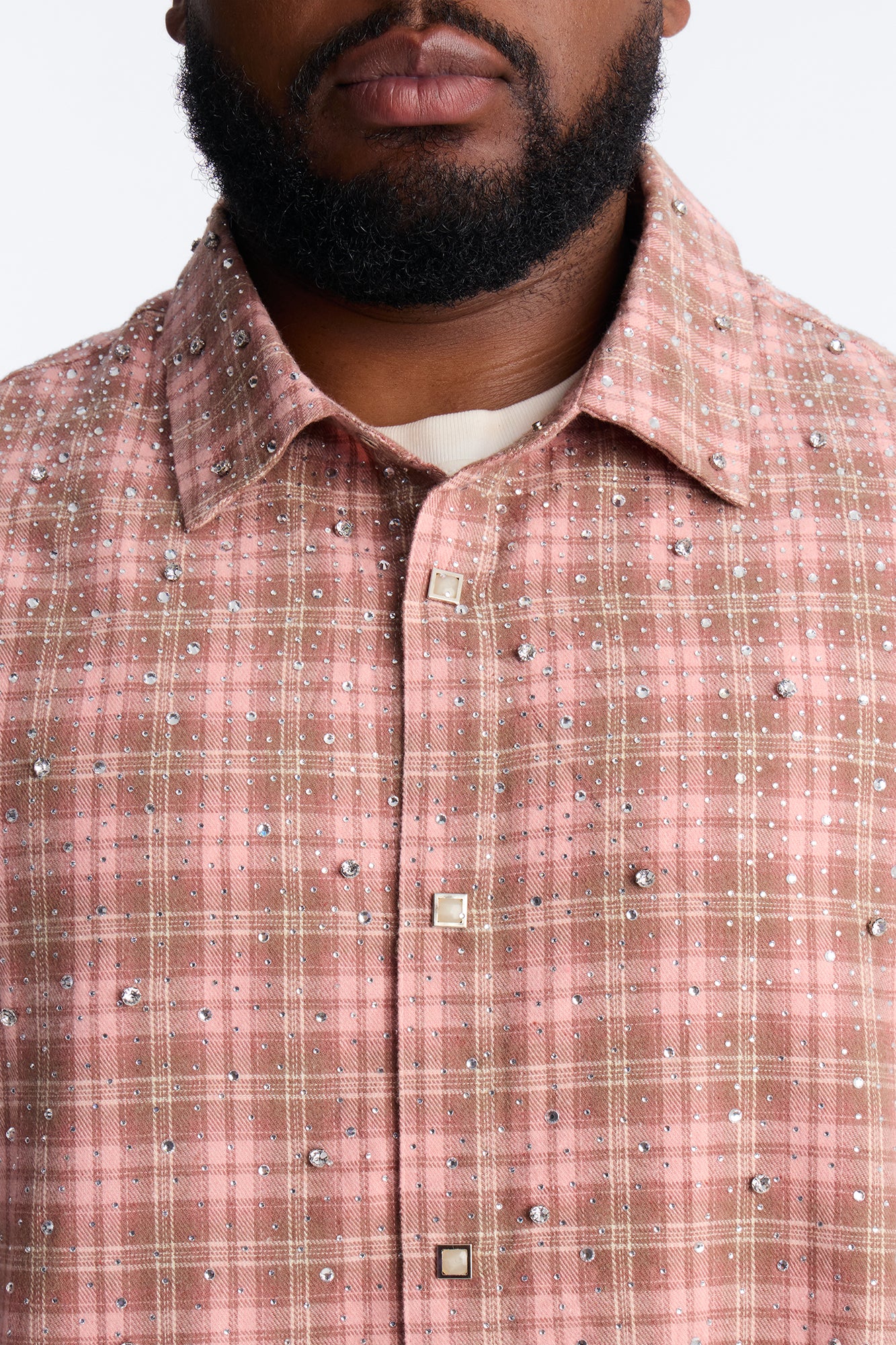 Cropped Vector Studded Plaid Button Up Shirt - Brown - Image 7