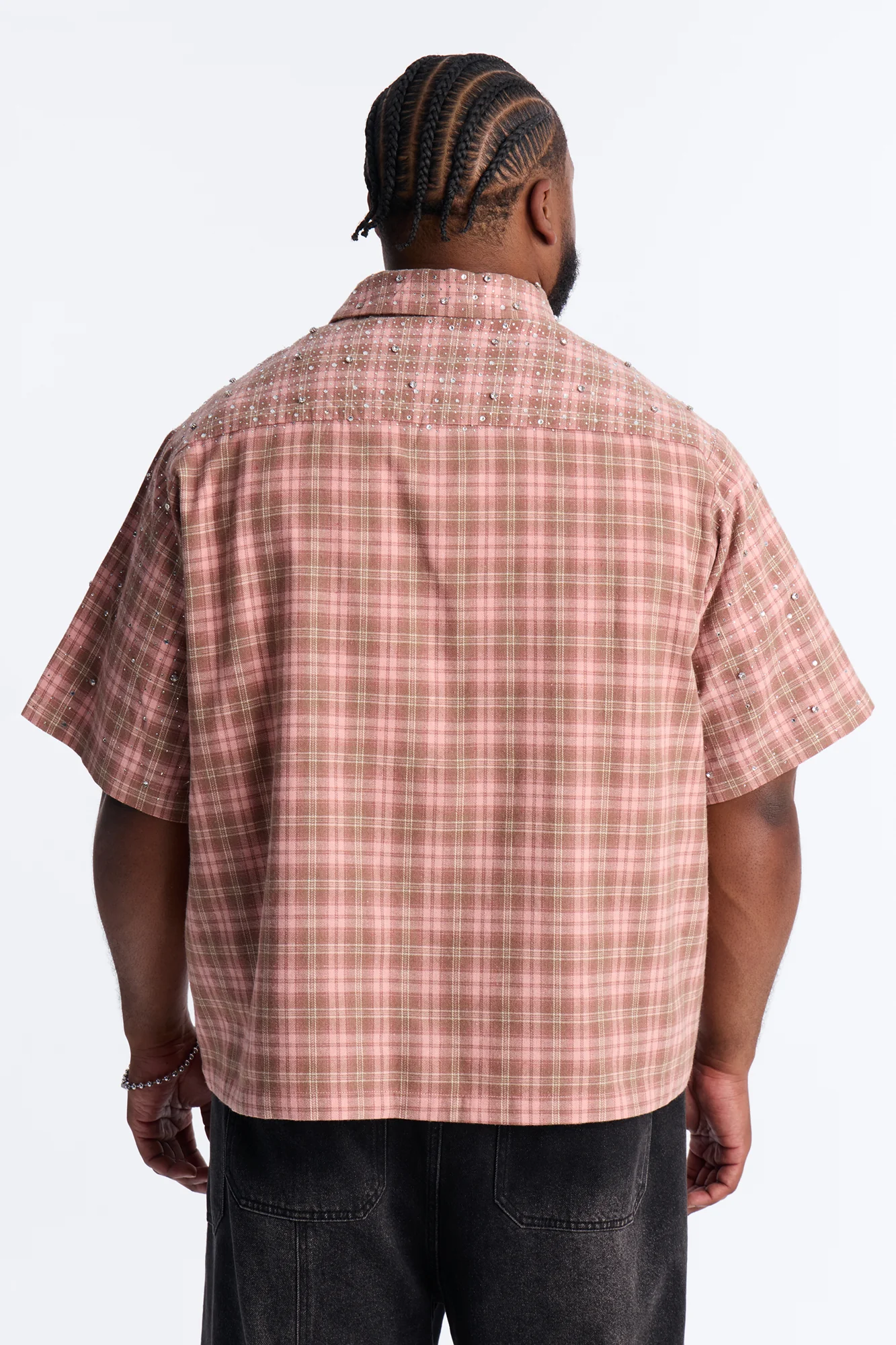 Cropped Vector Studded Plaid Button Up Shirt - Brown - Image 8