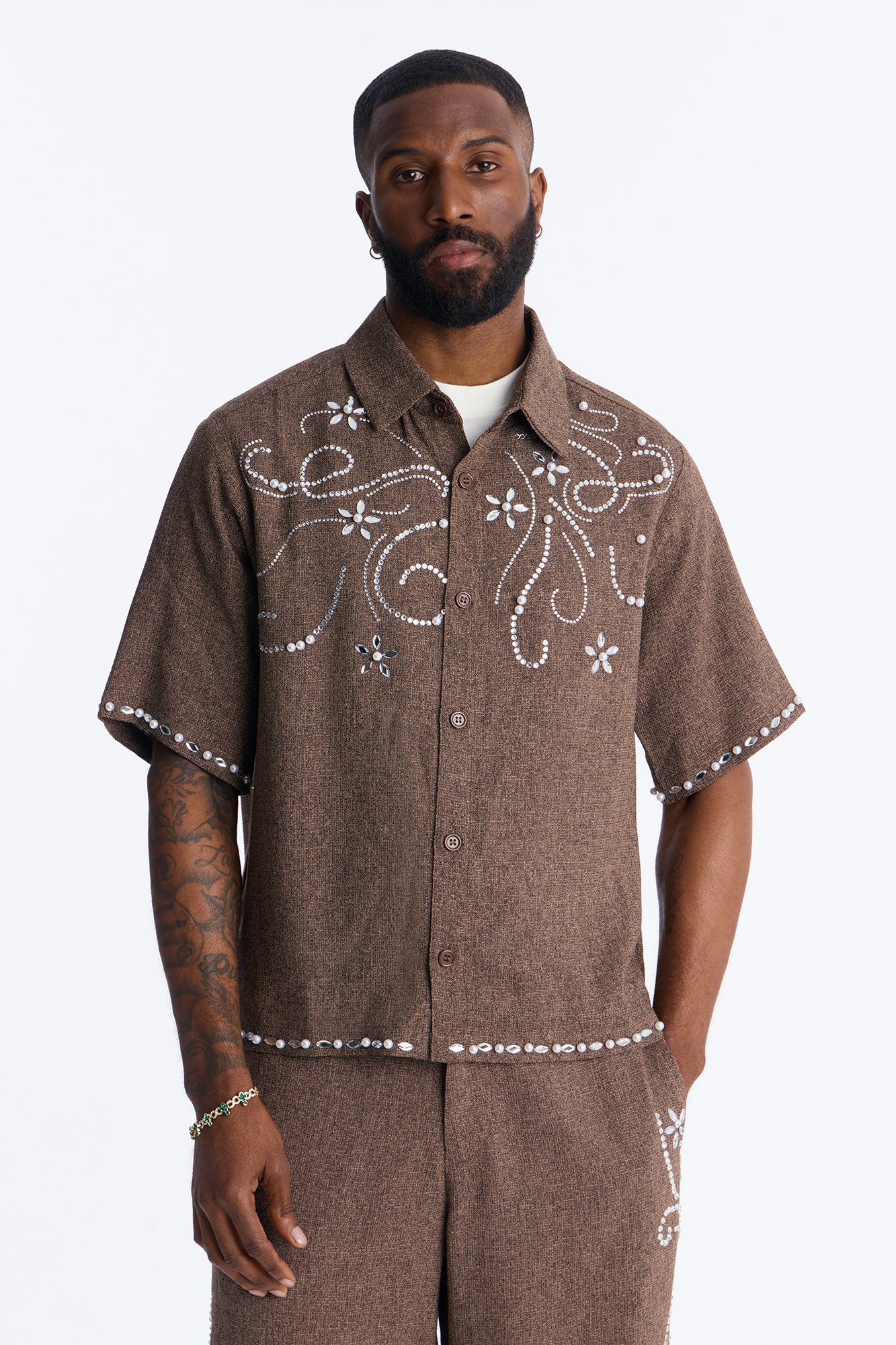 Cropped Wanderlust Pearl Journey Button Up - Brown