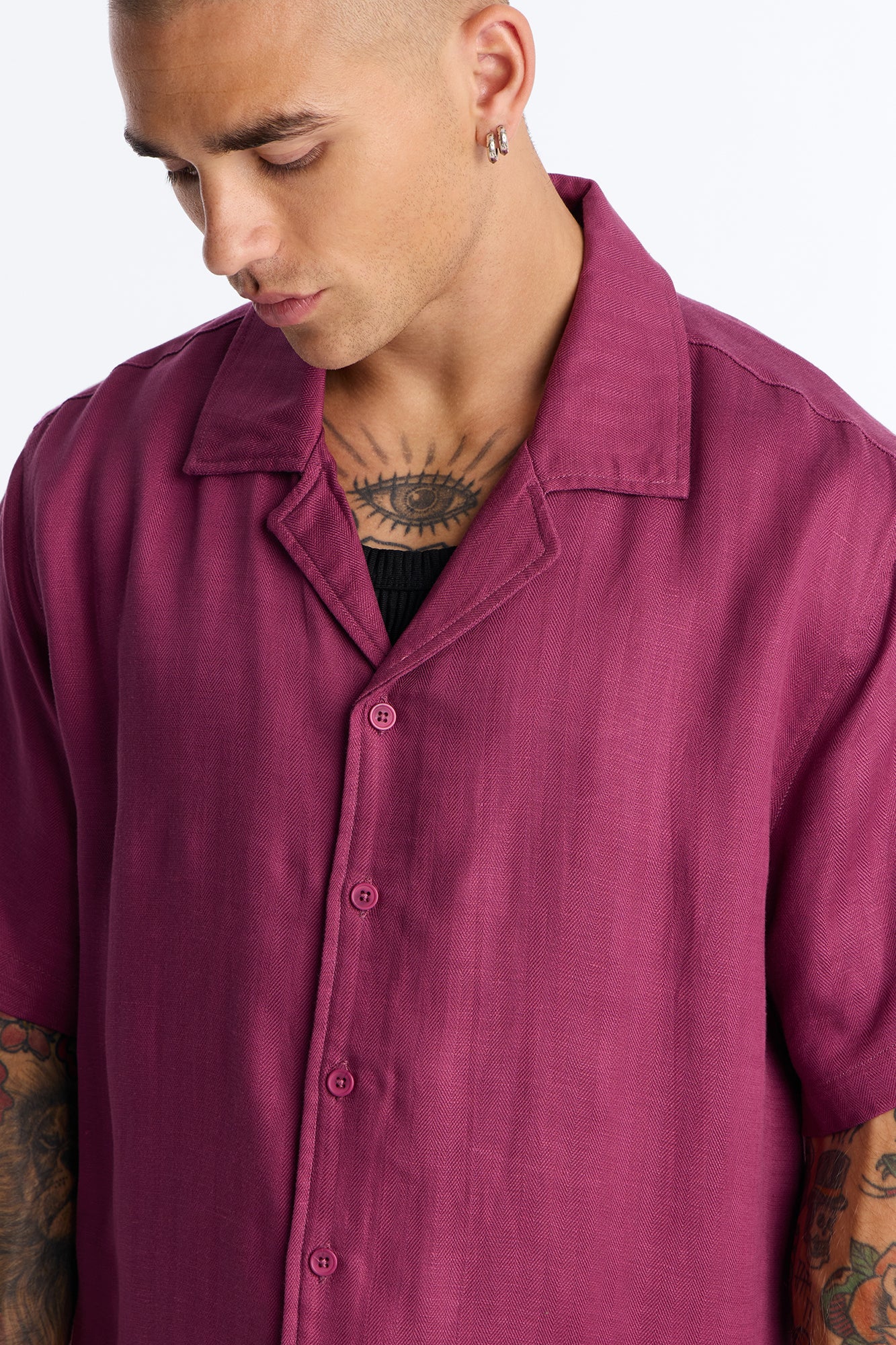 Cropped Wastelander Cuban Collar Button Up Shirt - Purple - Image 3