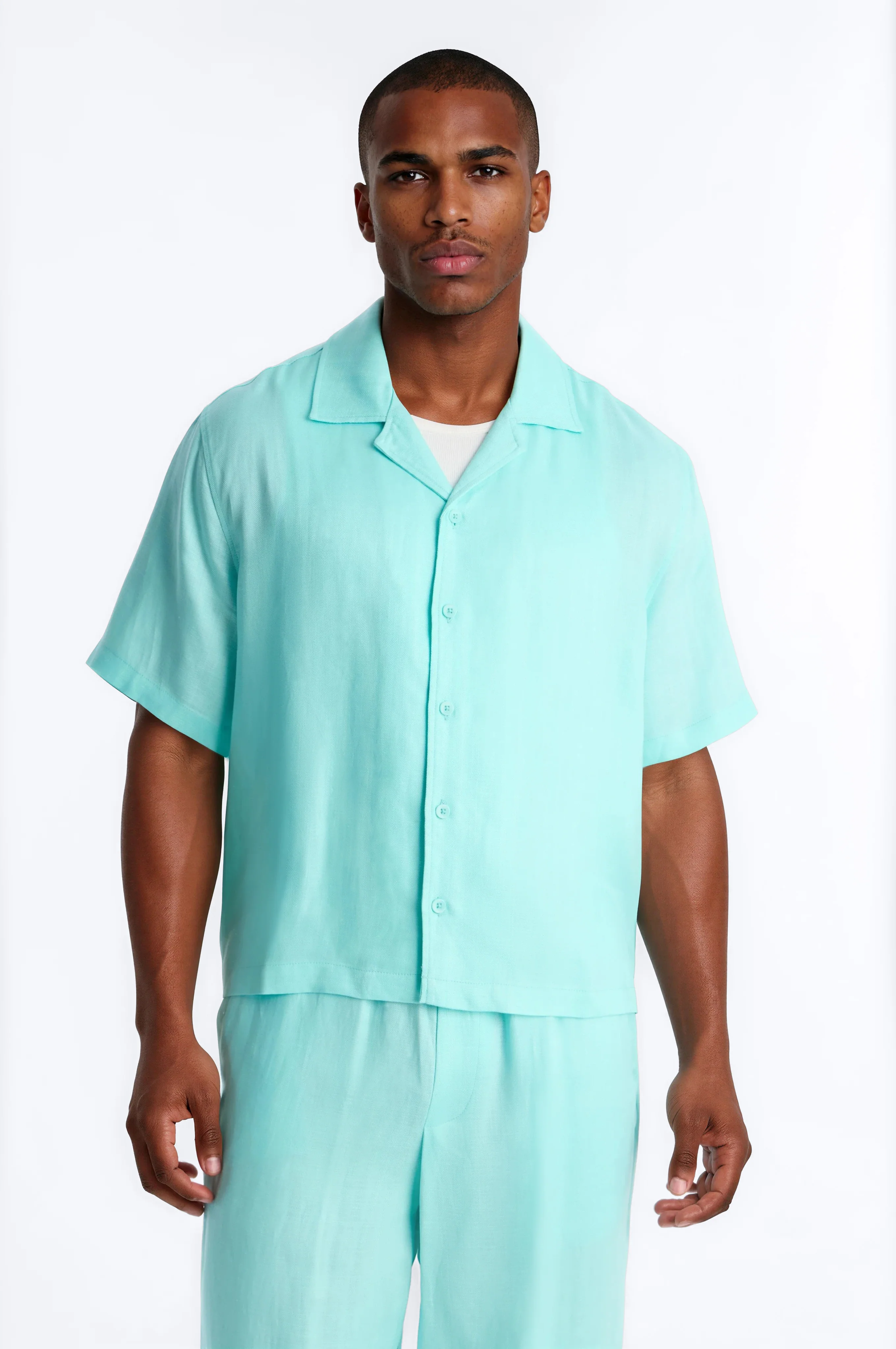 Cropped Wastelander Cuban Collar Button Up Shirt - Turquoise
