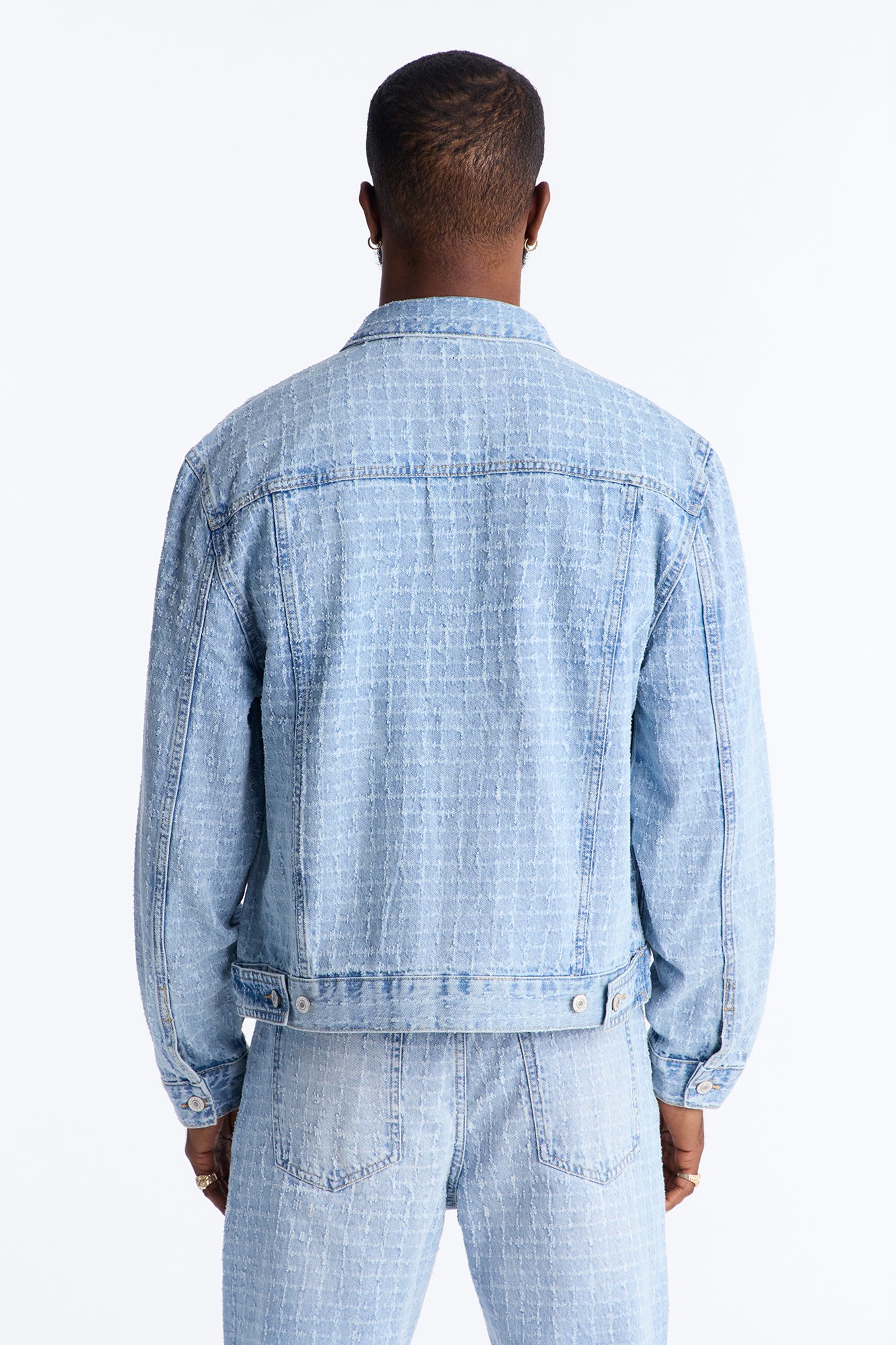 Cropped Windowpane Denim Trucker Jacket - Light Wash - Image 4