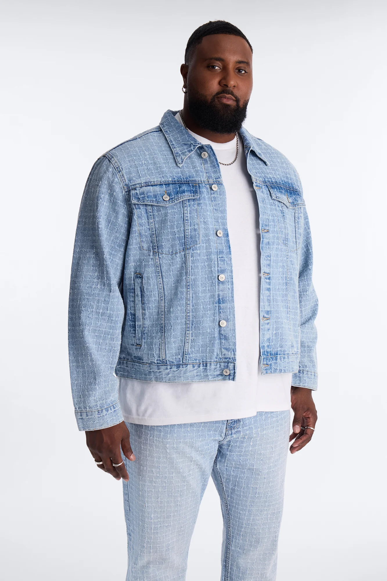 Cropped Windowpane Denim Trucker Jacket - Light Wash - Image 5