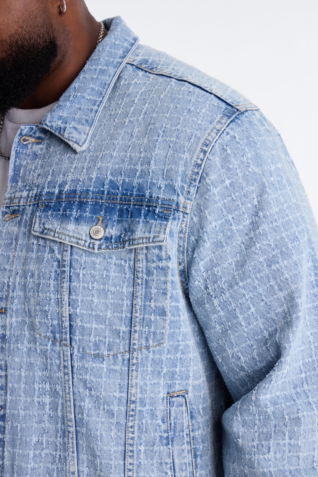 Cropped Windowpane Denim Trucker Jacket - Light Wash - Image 7