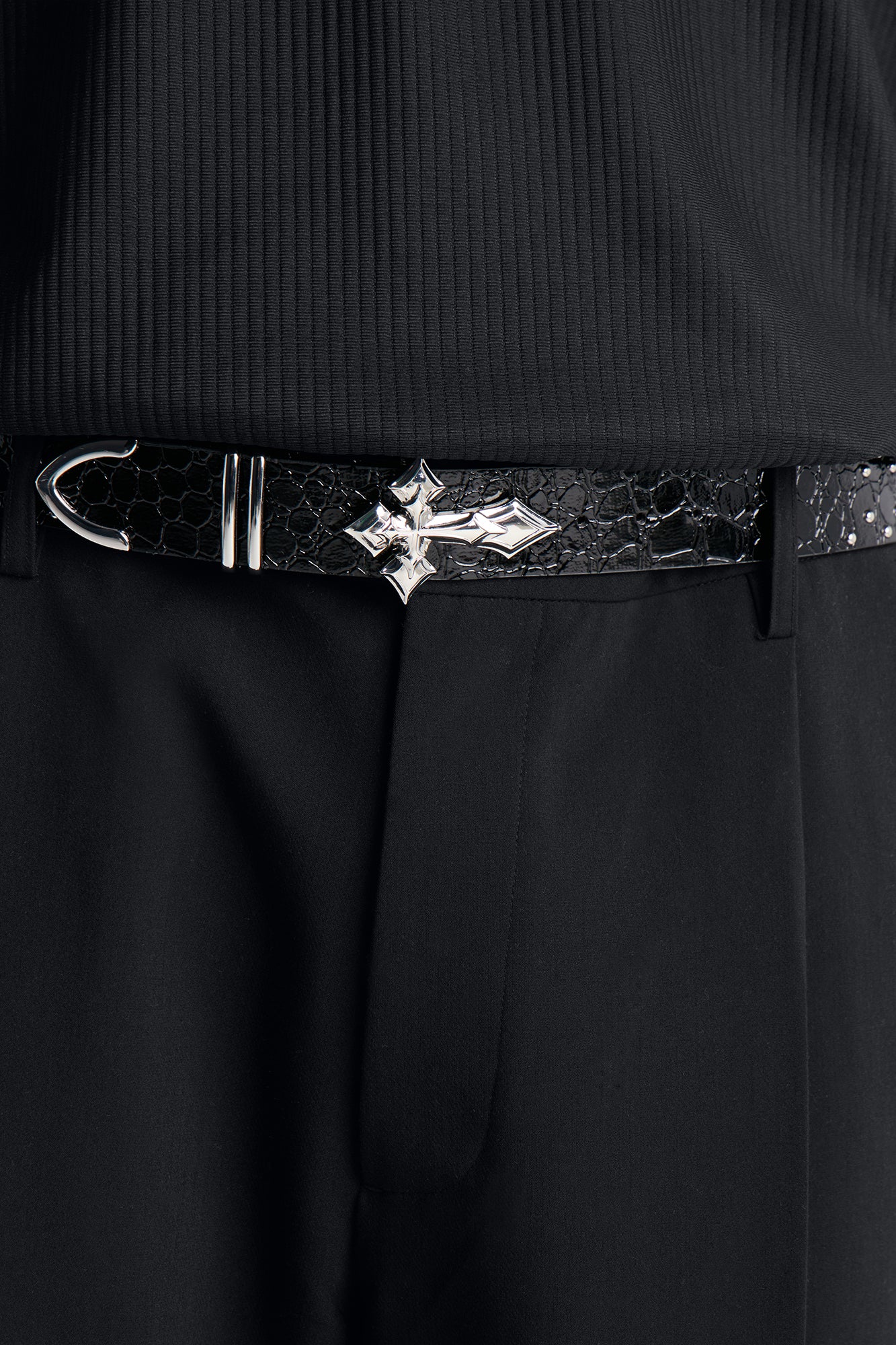 Cross Buckle Embossed Faux Leather Belt - Black