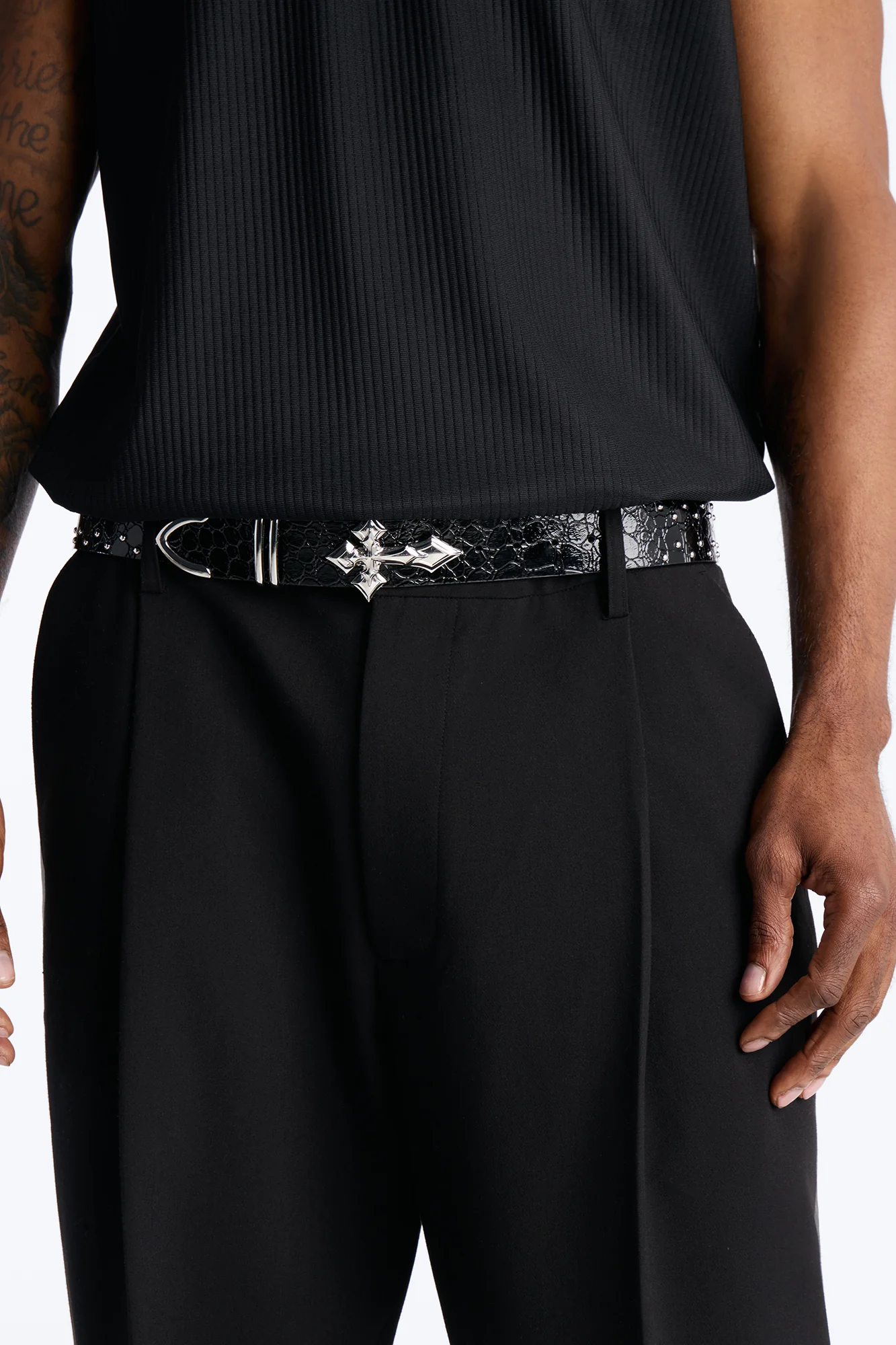 Cross Buckle Embossed Faux Leather Belt - Black - Image 2