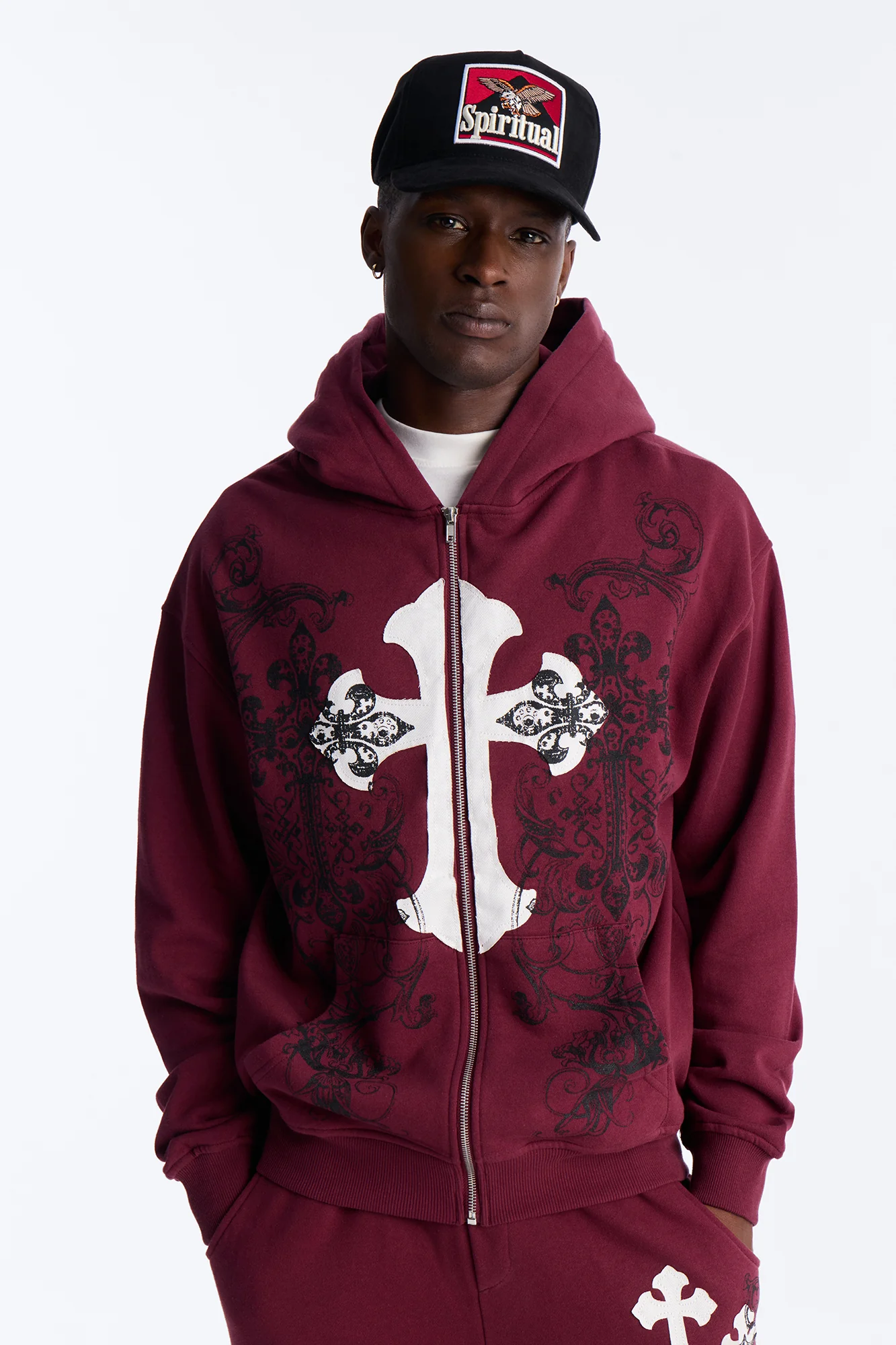 Cross Patch Zip Hoodie - Burgundy