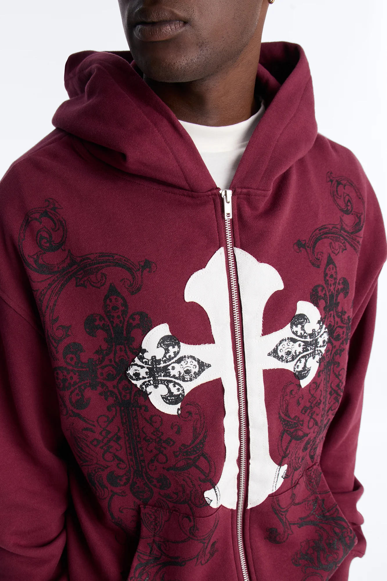 Cross Patch Zip Hoodie - Burgundy - Image 3