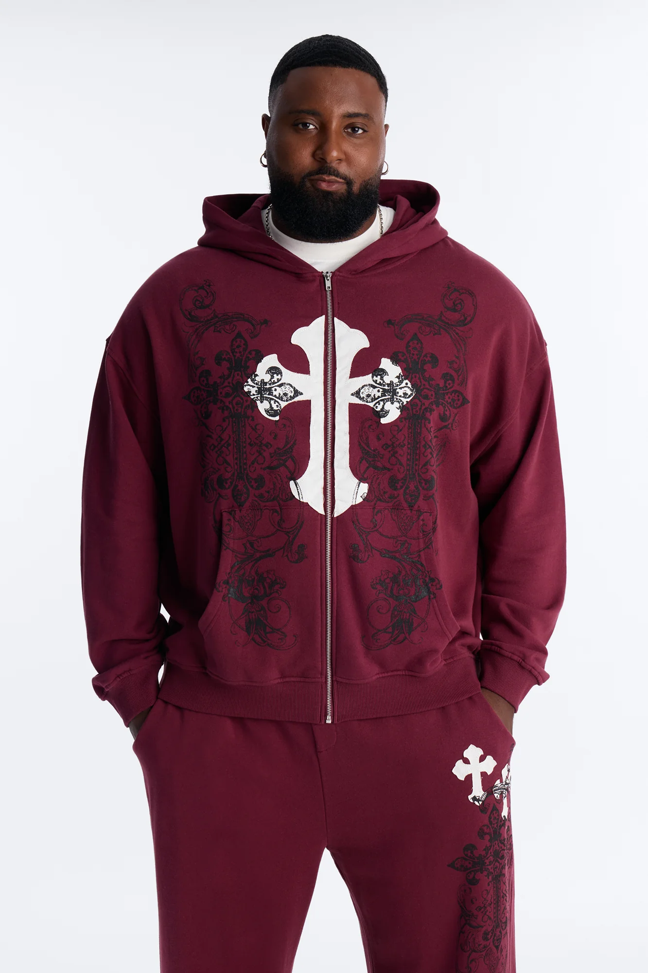Cross Patch Zip Hoodie - Burgundy - Image 6