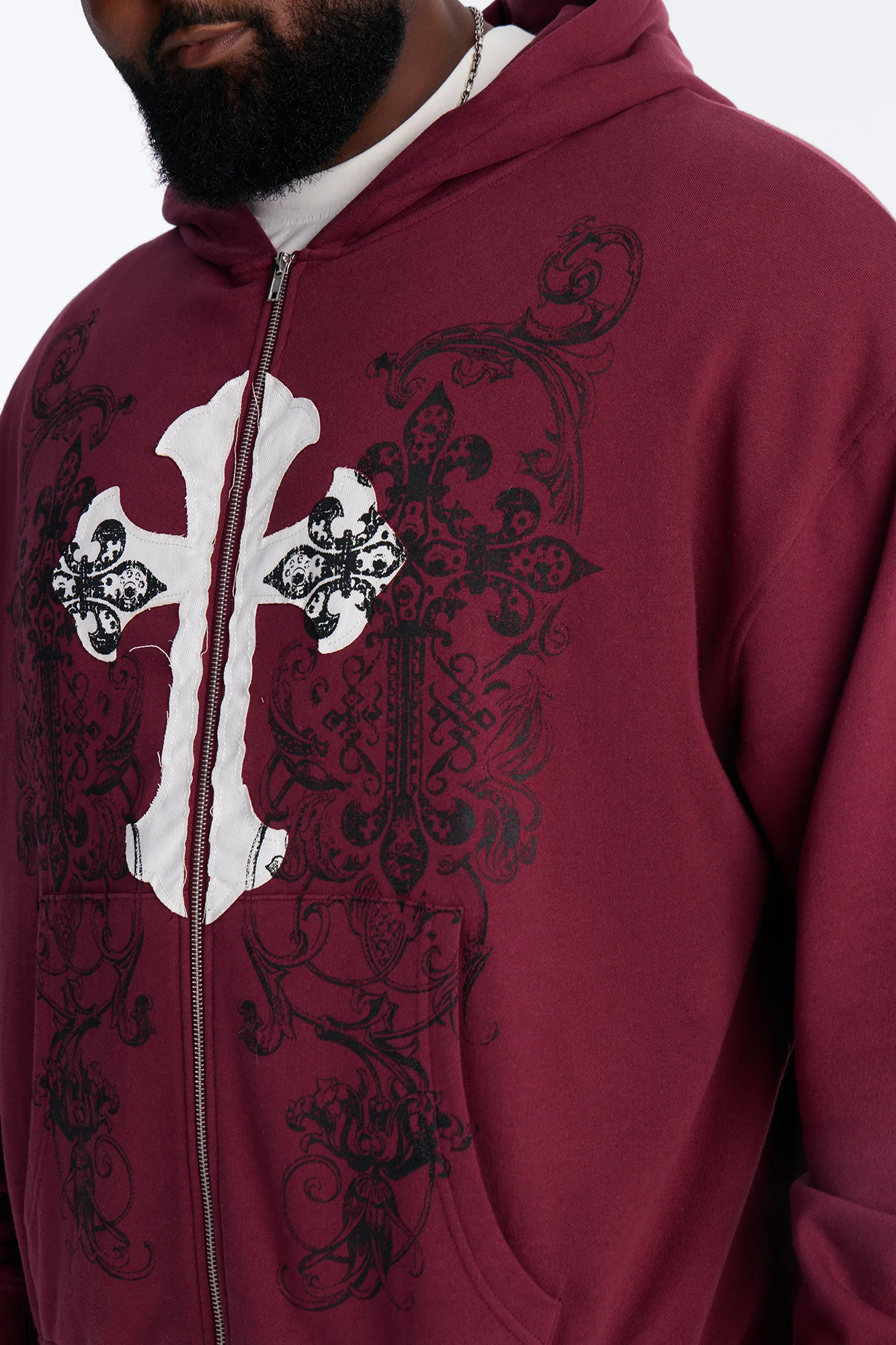 Cross Patch Zip Hoodie - Burgundy - Image 8