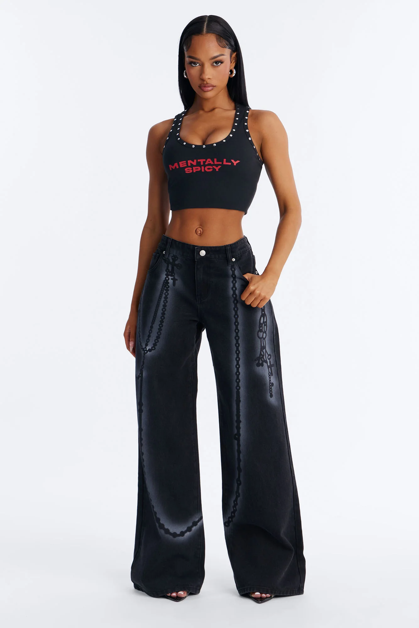 Crossed My Mind Printed Wide Leg Jeans - Black Wash