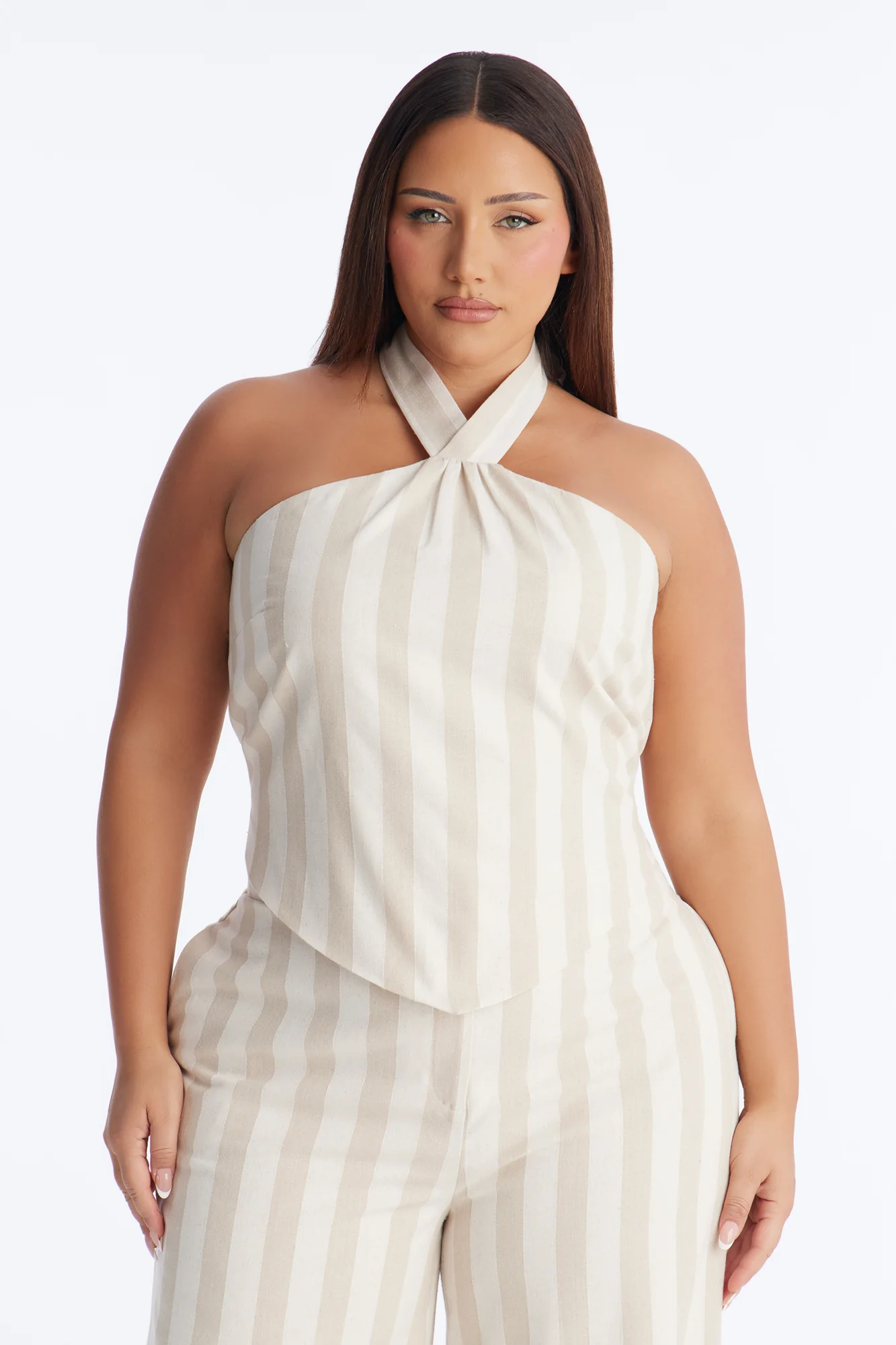 Cruise Attire Striped Linen Halter Top - Taupe/combo - Image 5