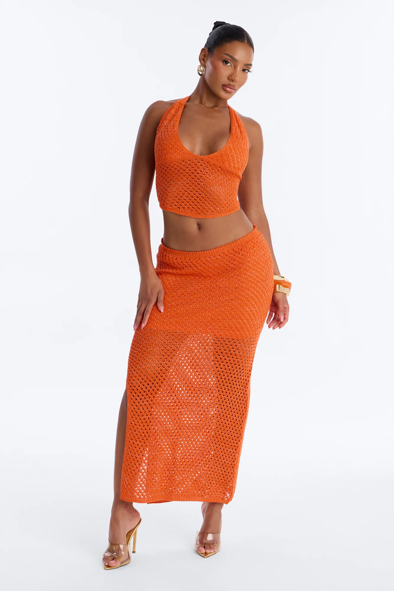 Crystal Crochet Halter Maxi Skirt Set - Orange